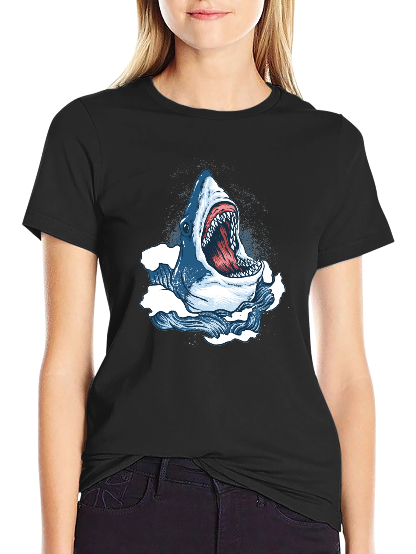 Shark Attack Graphic Tee - Bold Black Cotton T-Shirt