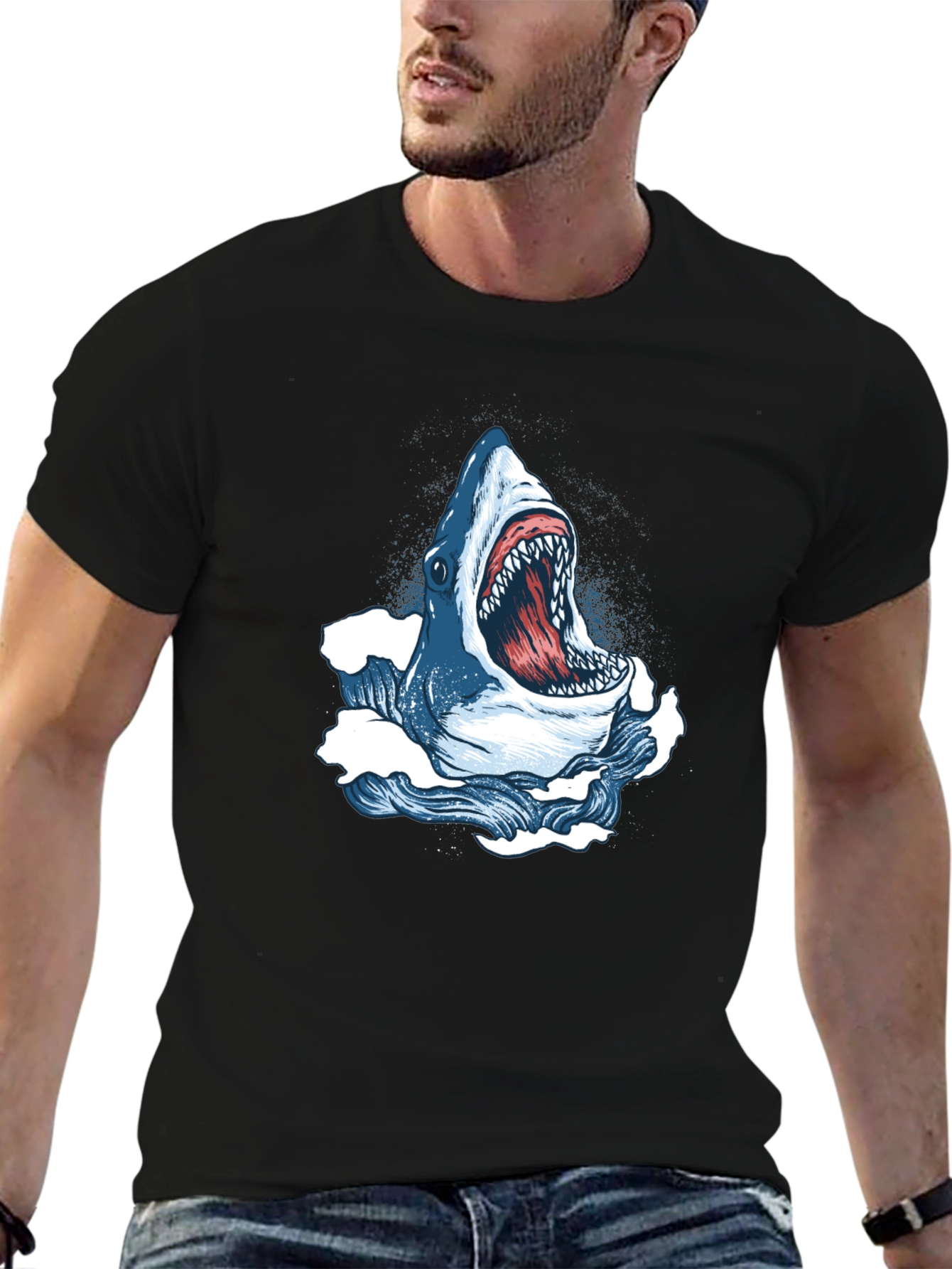 Shark Attack Graphic Tee - Bold Black Cotton T-Shirt