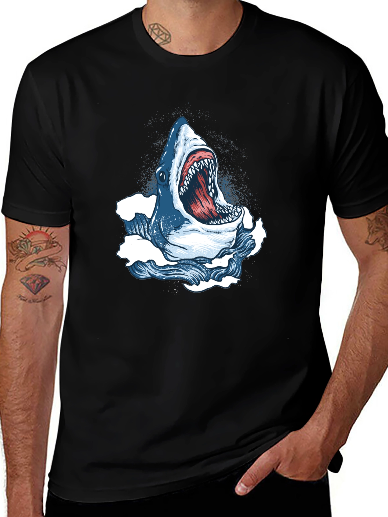 Shark Attack Graphic Tee - Bold Black Cotton T-Shirt