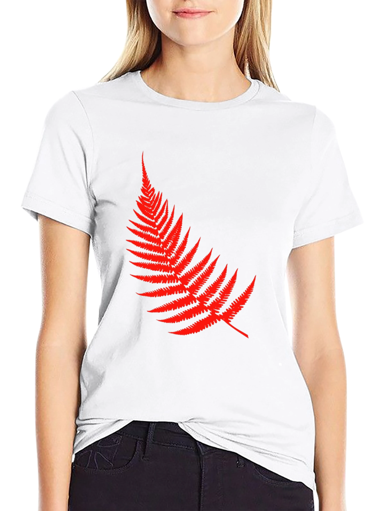 Red Fern Leaf Graphic Tee - Black Cotton T-Shirt