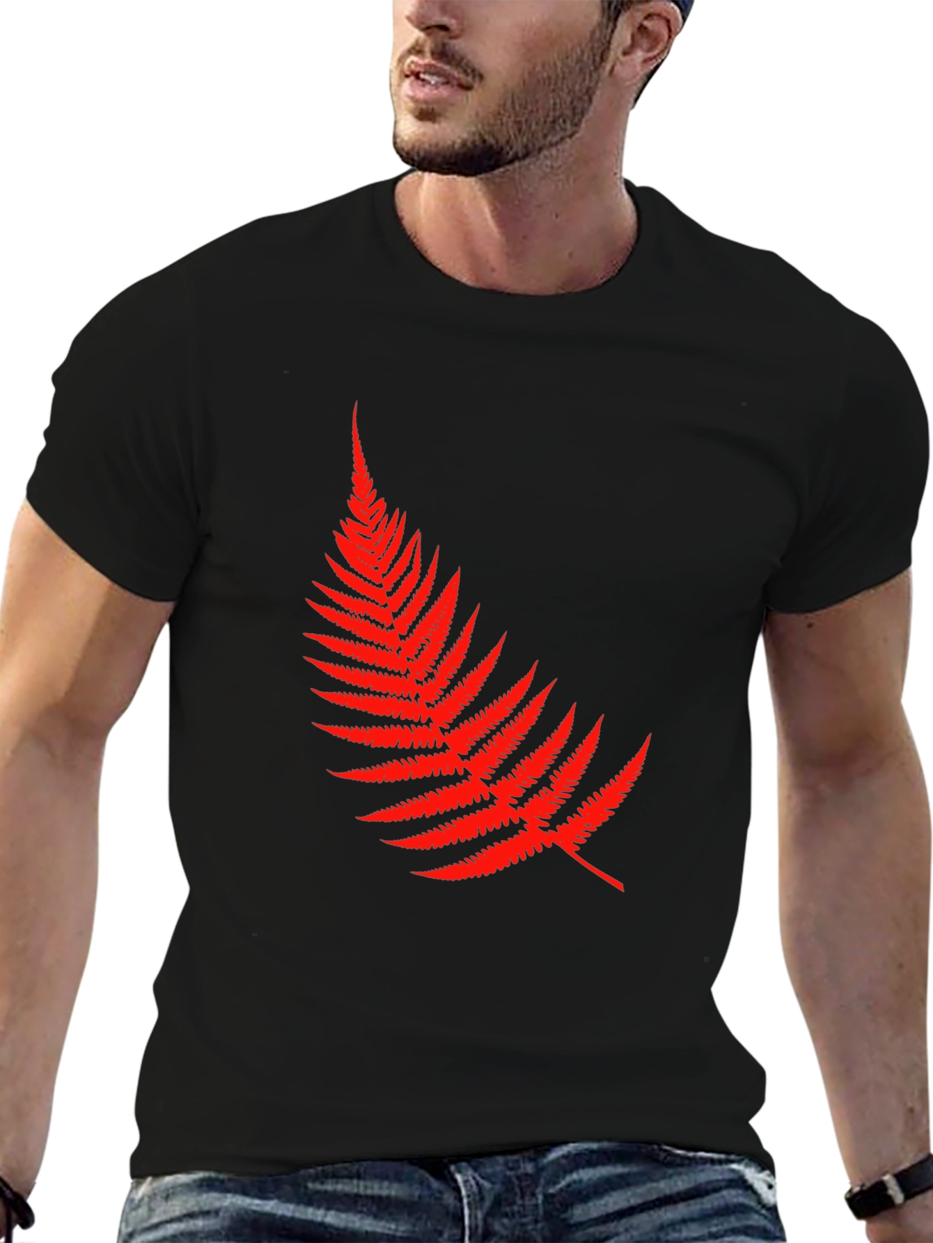 Red Fern Leaf Graphic Tee - Black Cotton T-Shirt