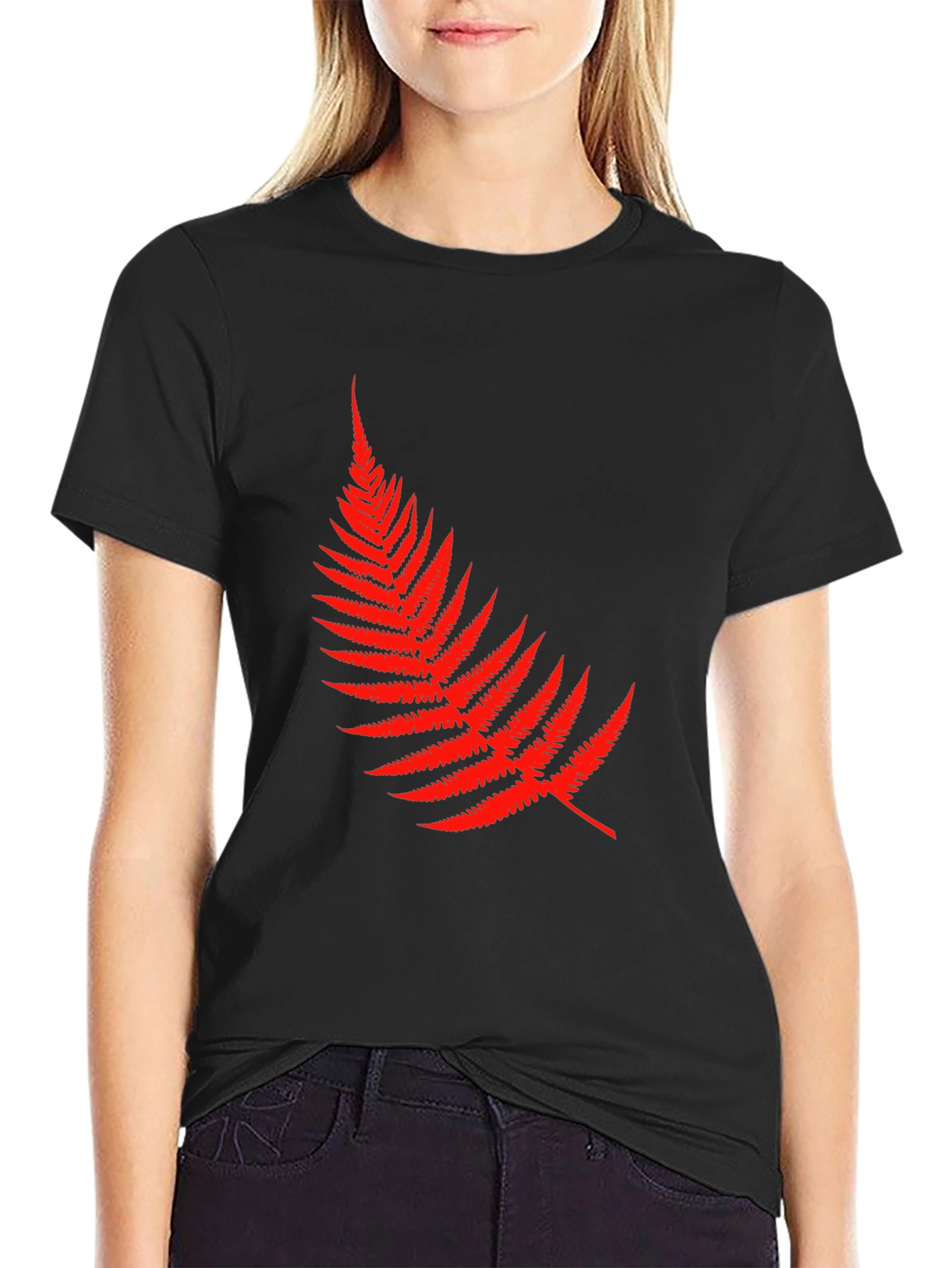 Red Fern Leaf Graphic Tee - Black Cotton T-Shirt