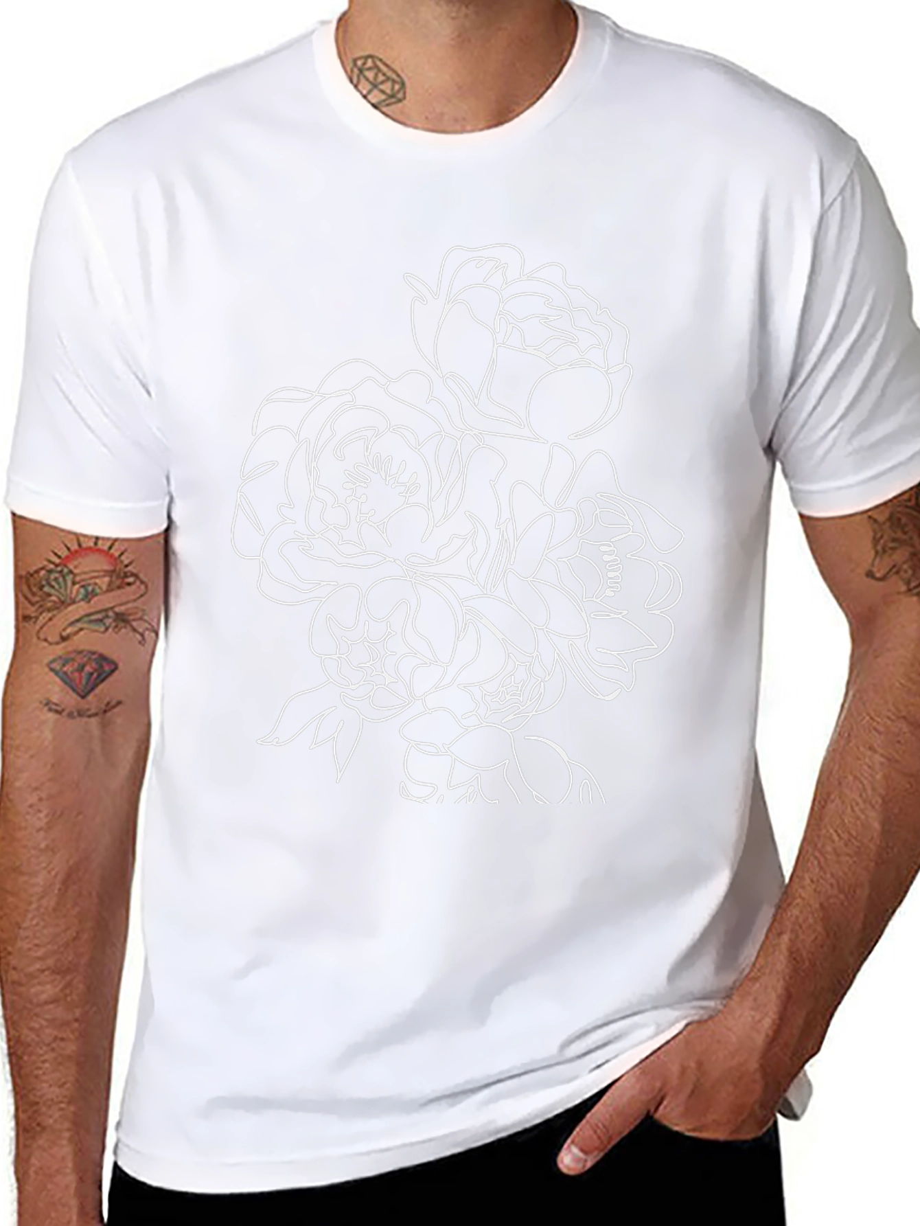Floral Line Art Black T-Shirt