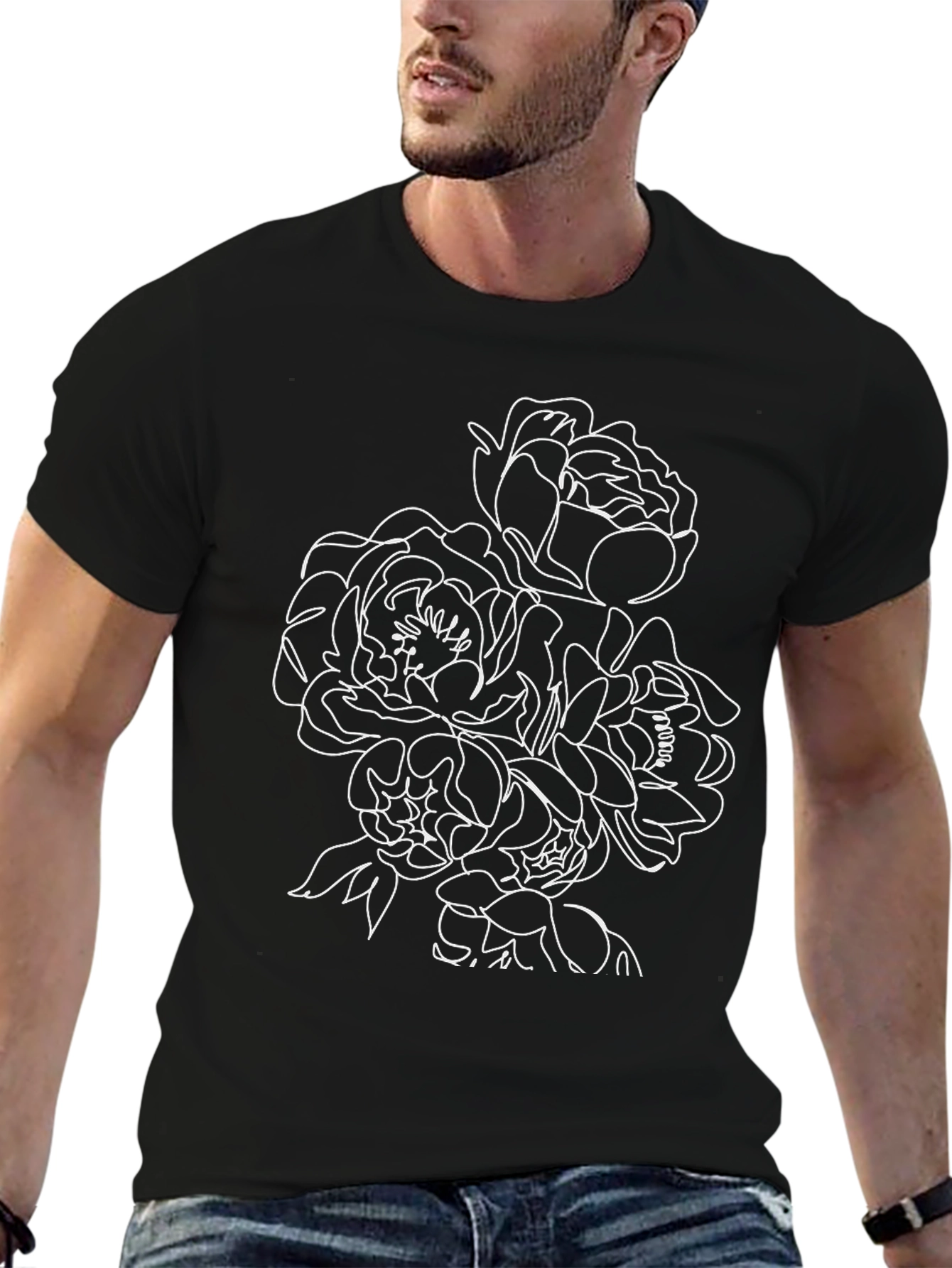 Floral Line Art Black T-Shirt