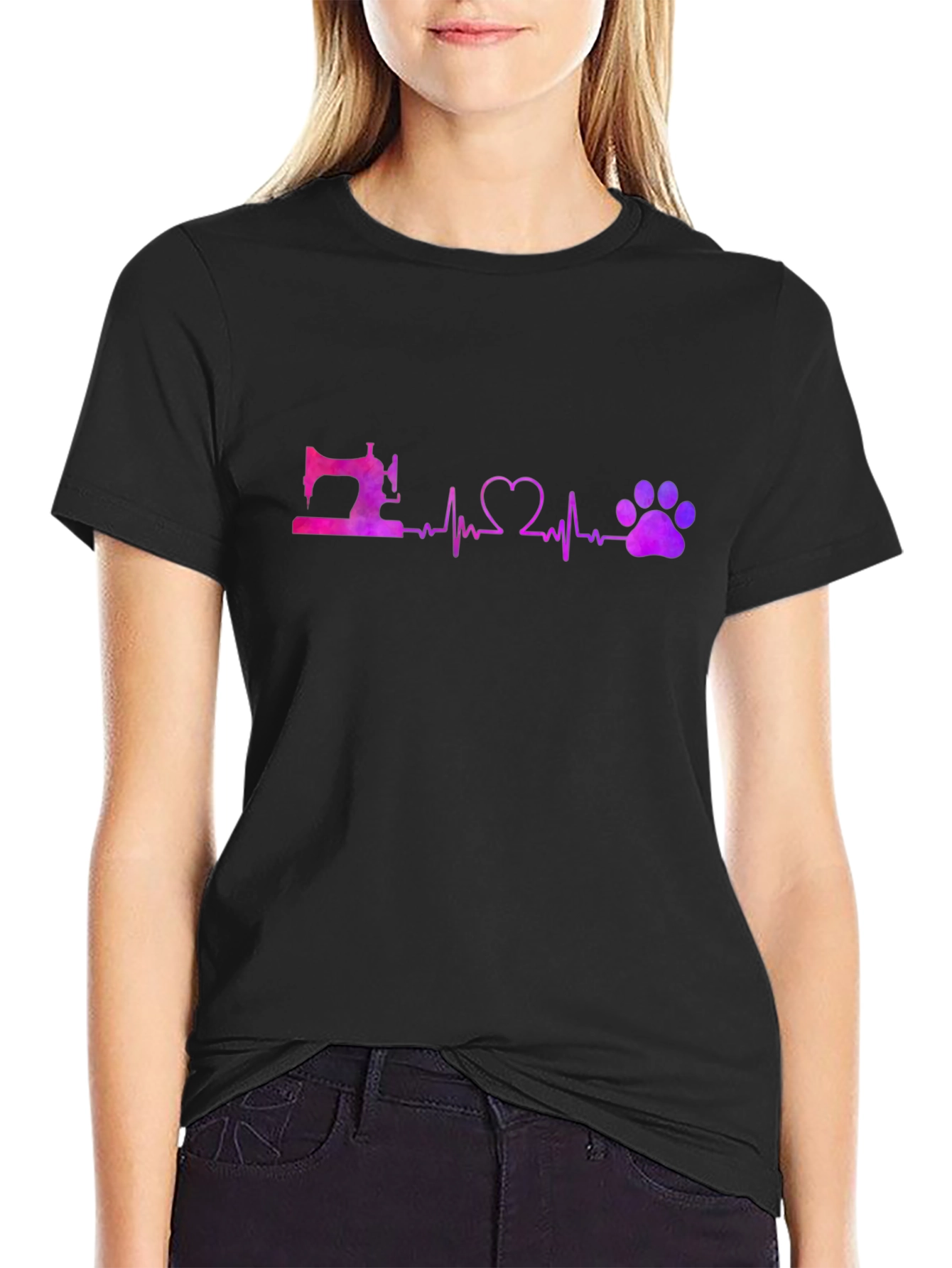 Sewing Heart and Paw Print Black T-Shirt
