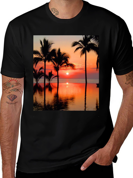 Tropical Sunset Palm Tree Graphic Tee - Black Cotton T-Shirt