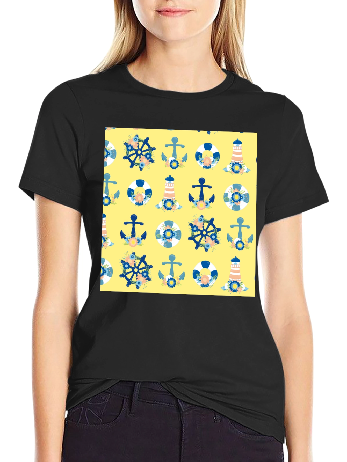 Nautical Pattern T-Shirt - Anchor Wheel Lighthouse Tee