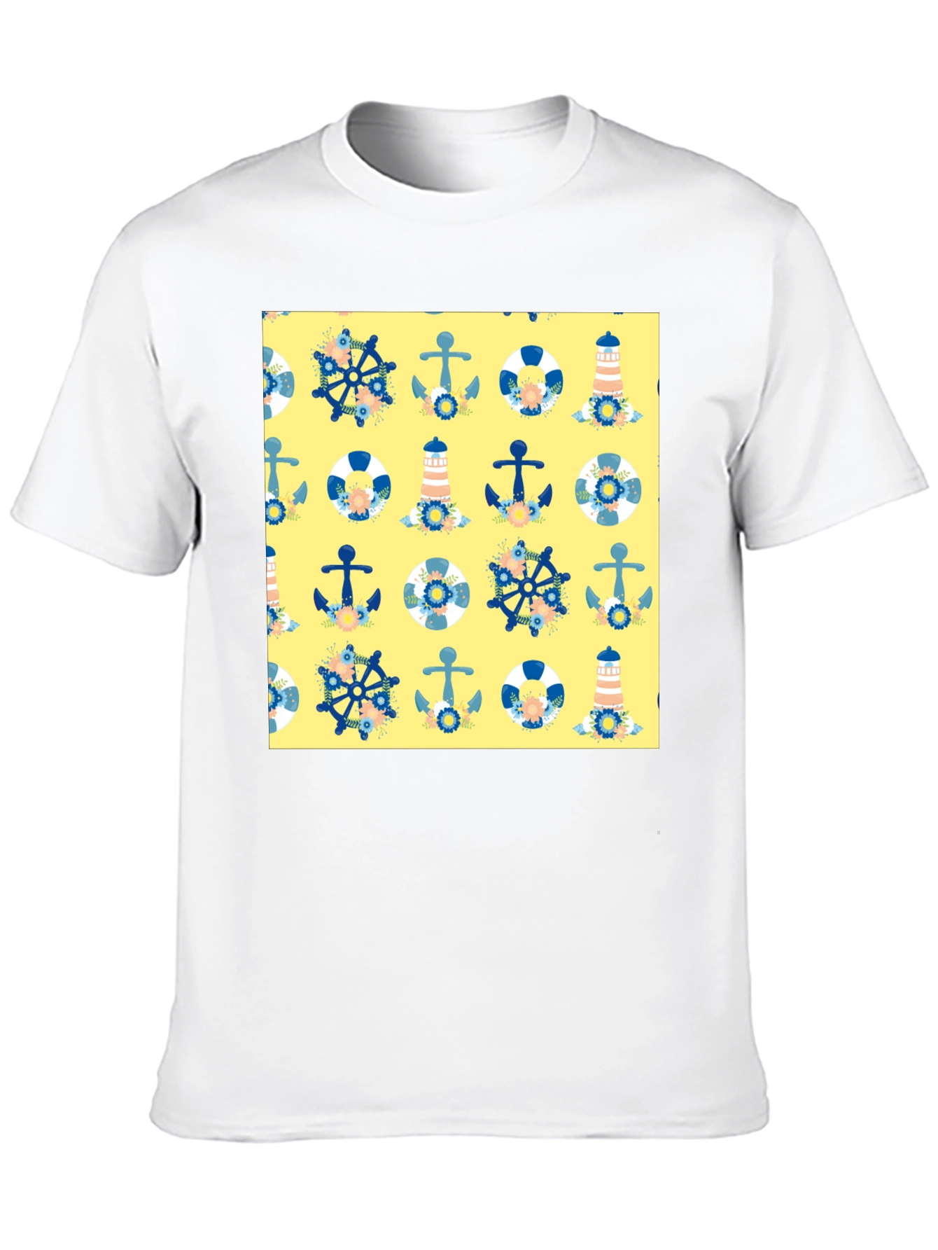 Nautical Pattern T-Shirt - Anchor Wheel Lighthouse Tee