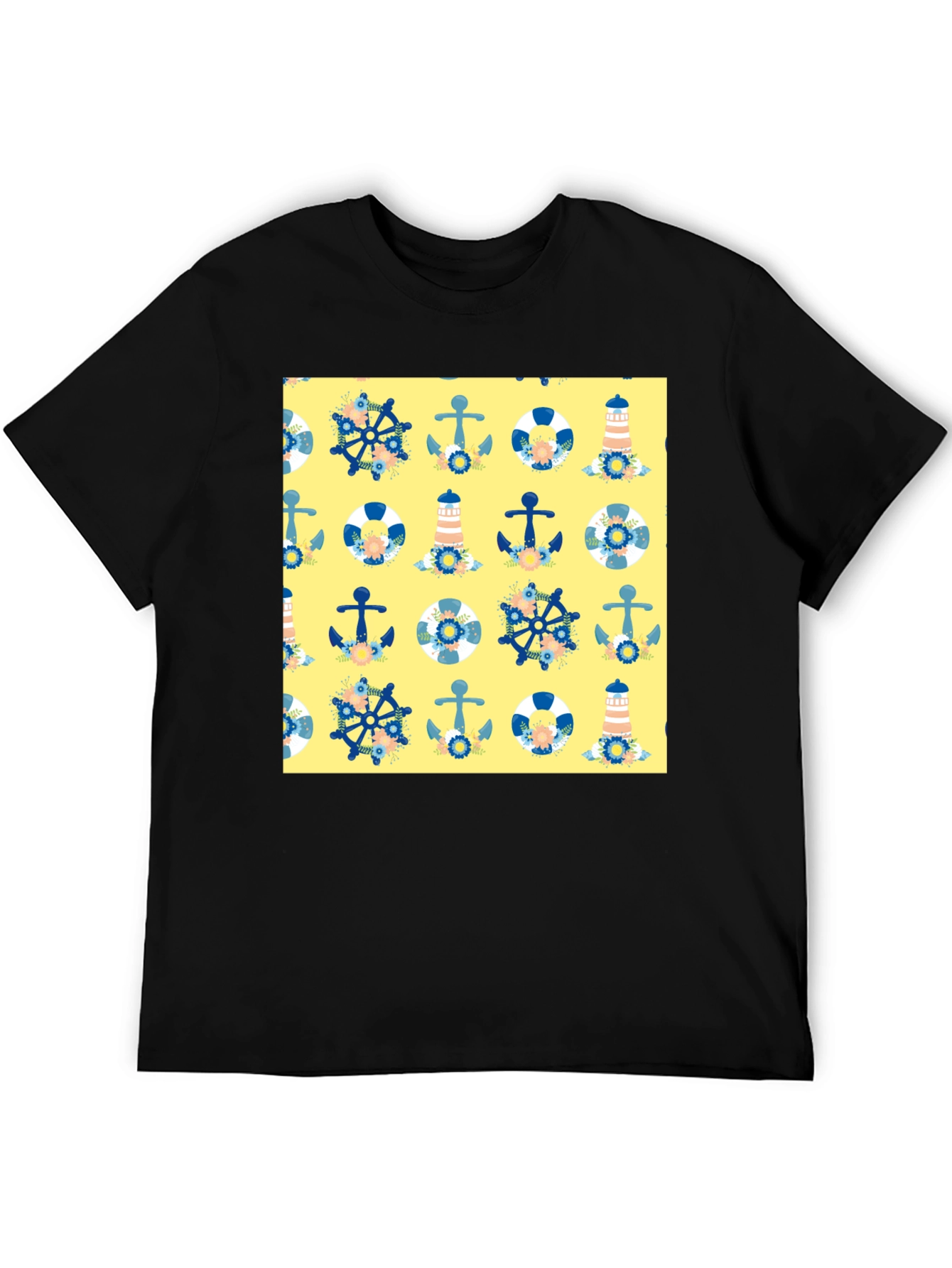 Nautical Pattern T-Shirt - Anchor Wheel Lighthouse Tee