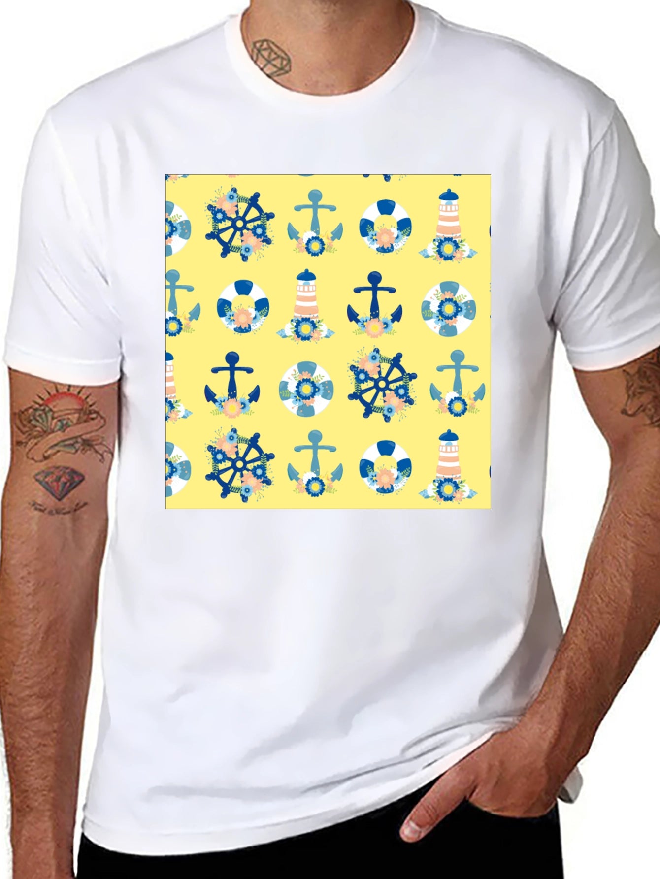 Nautical Pattern T-Shirt - Anchor Wheel Lighthouse Tee