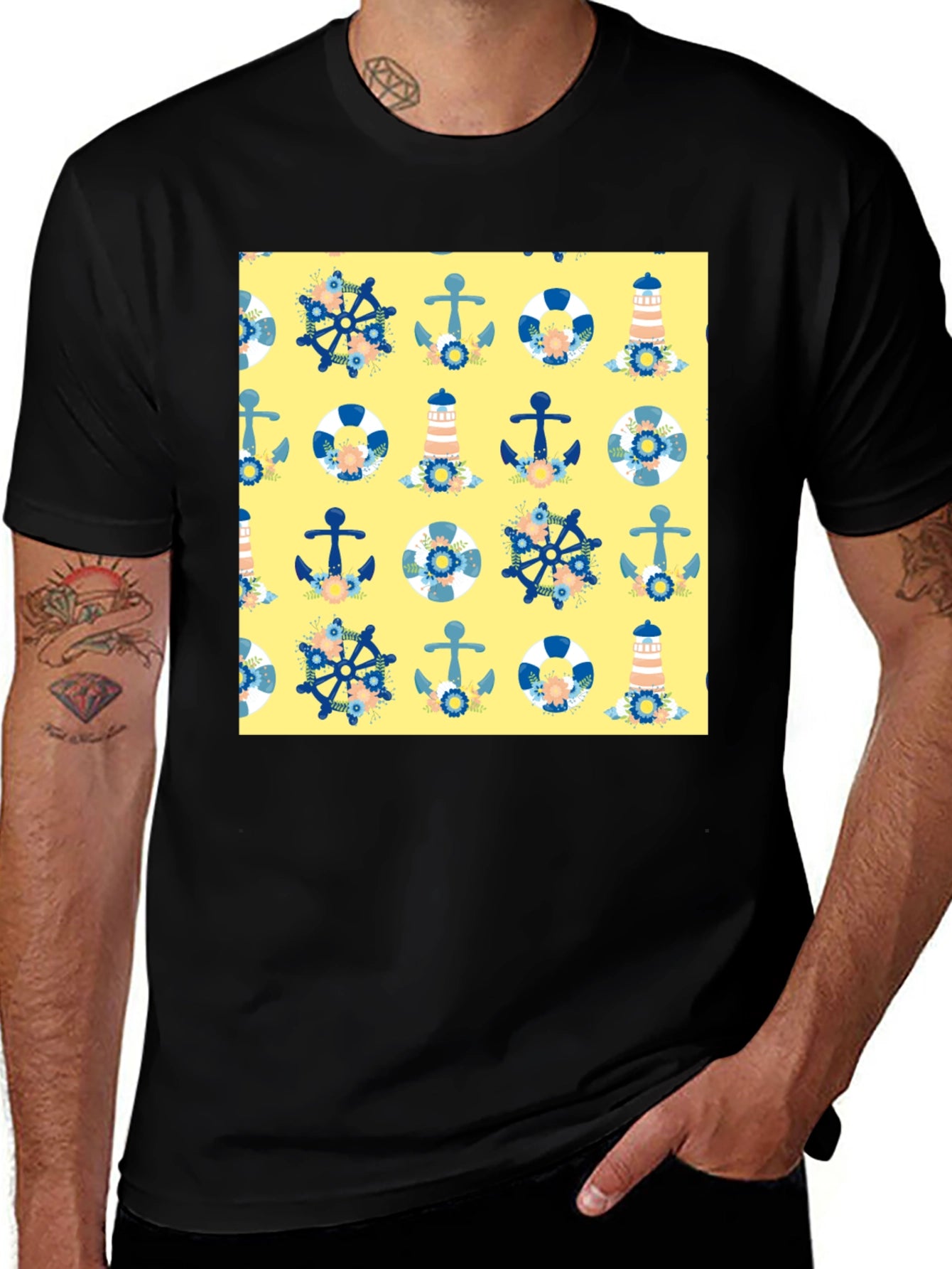 Nautical Pattern T-Shirt - Anchor Wheel Lighthouse Tee