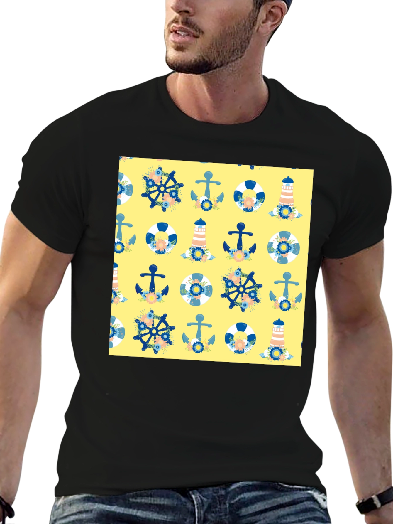 Nautical Pattern T-Shirt - Anchor Wheel Lighthouse Tee