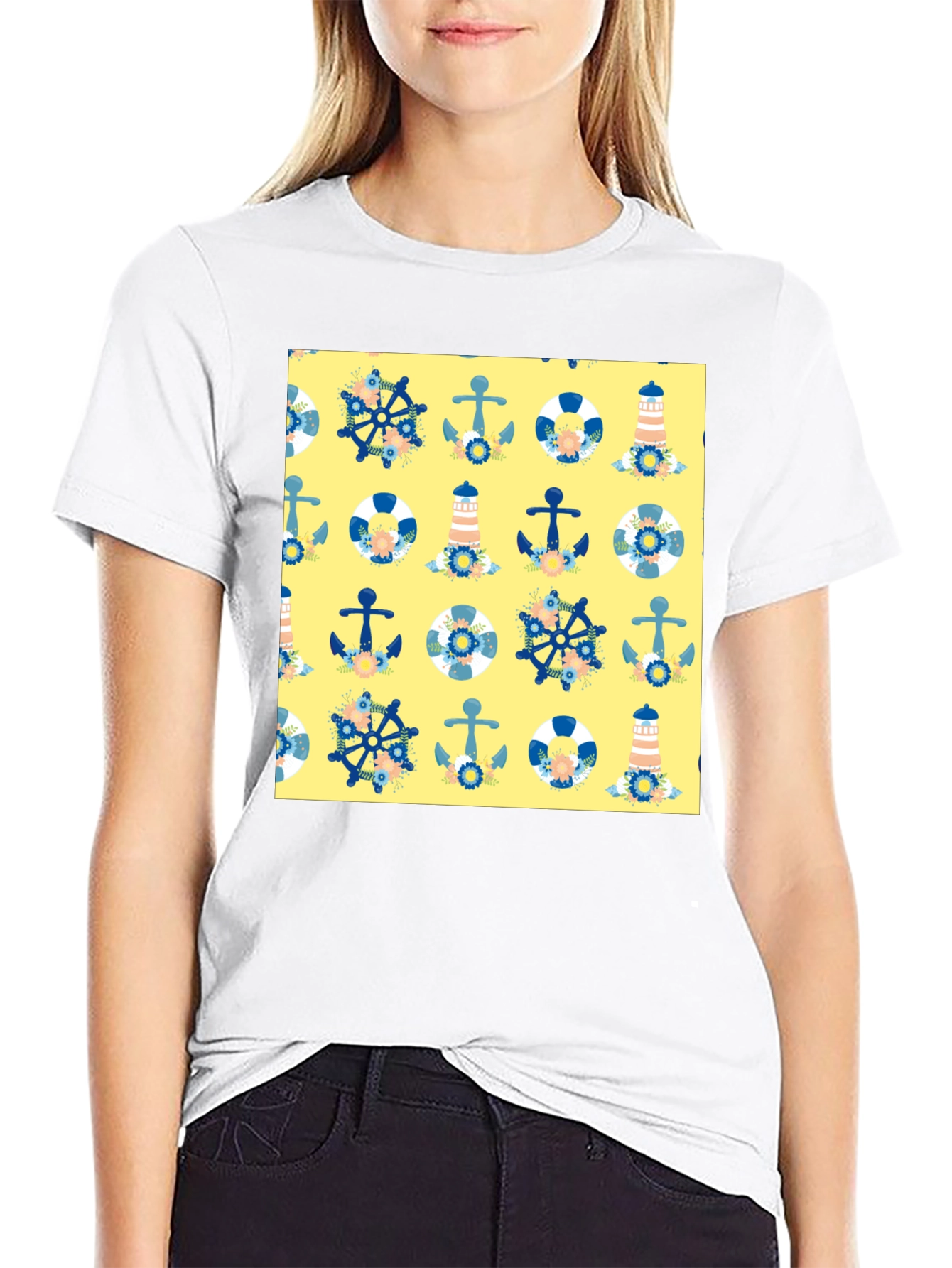 Nautical Pattern T-Shirt - Anchor Wheel Lighthouse Tee
