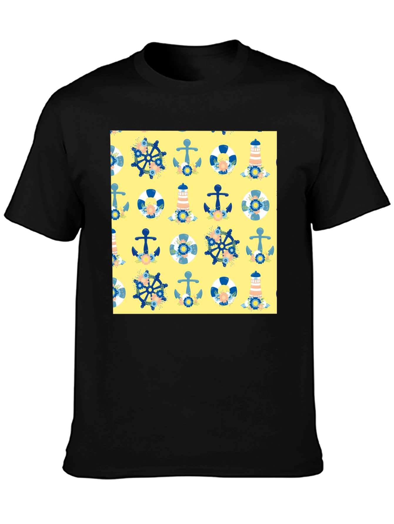 Nautical Pattern T-Shirt - Anchor Wheel Lighthouse Tee