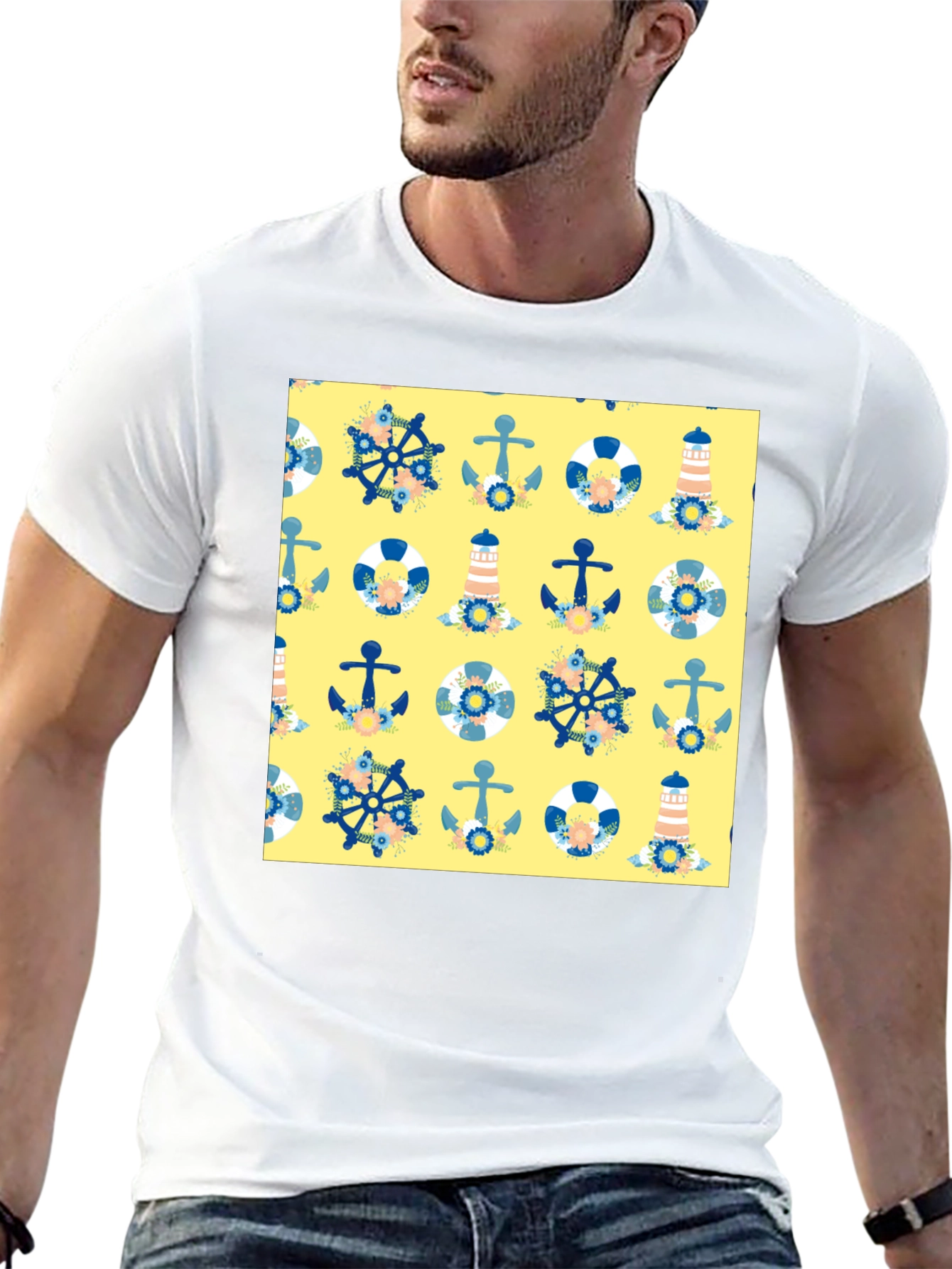 Nautical Pattern T-Shirt - Anchor Wheel Lighthouse Tee