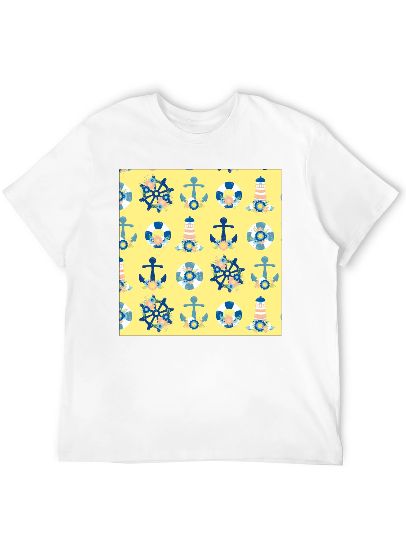 Nautical Pattern T-Shirt - Anchor Wheel Lighthouse Tee