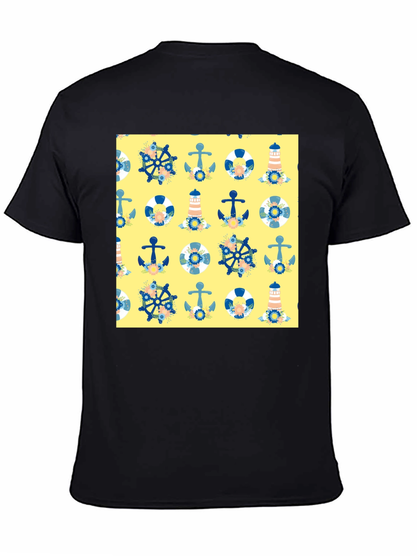 Nautical Pattern T-Shirt - Anchor Wheel Lighthouse Tee