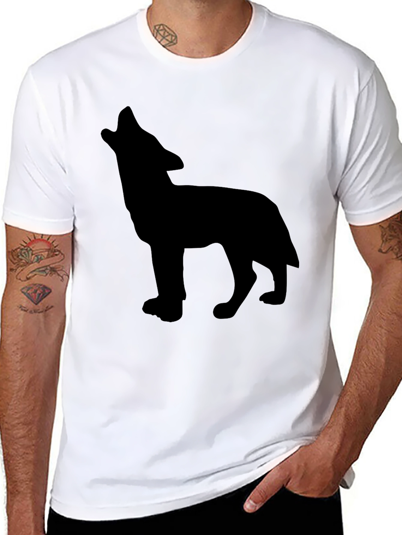 Black T-Shirt with Wolf Silhouette Design