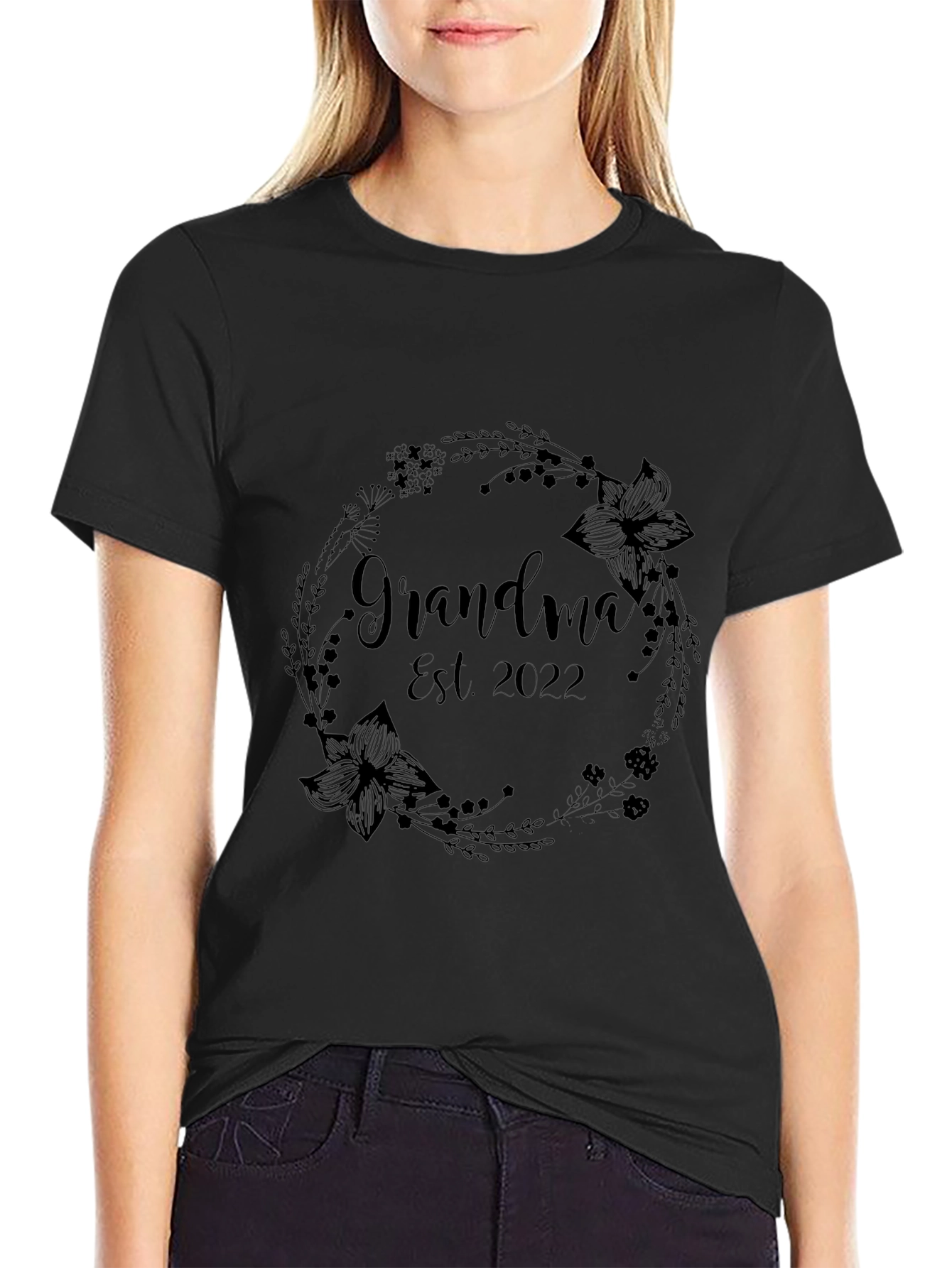 Grandma Est. 2022 Floral Wreath Graphic T-Shirt