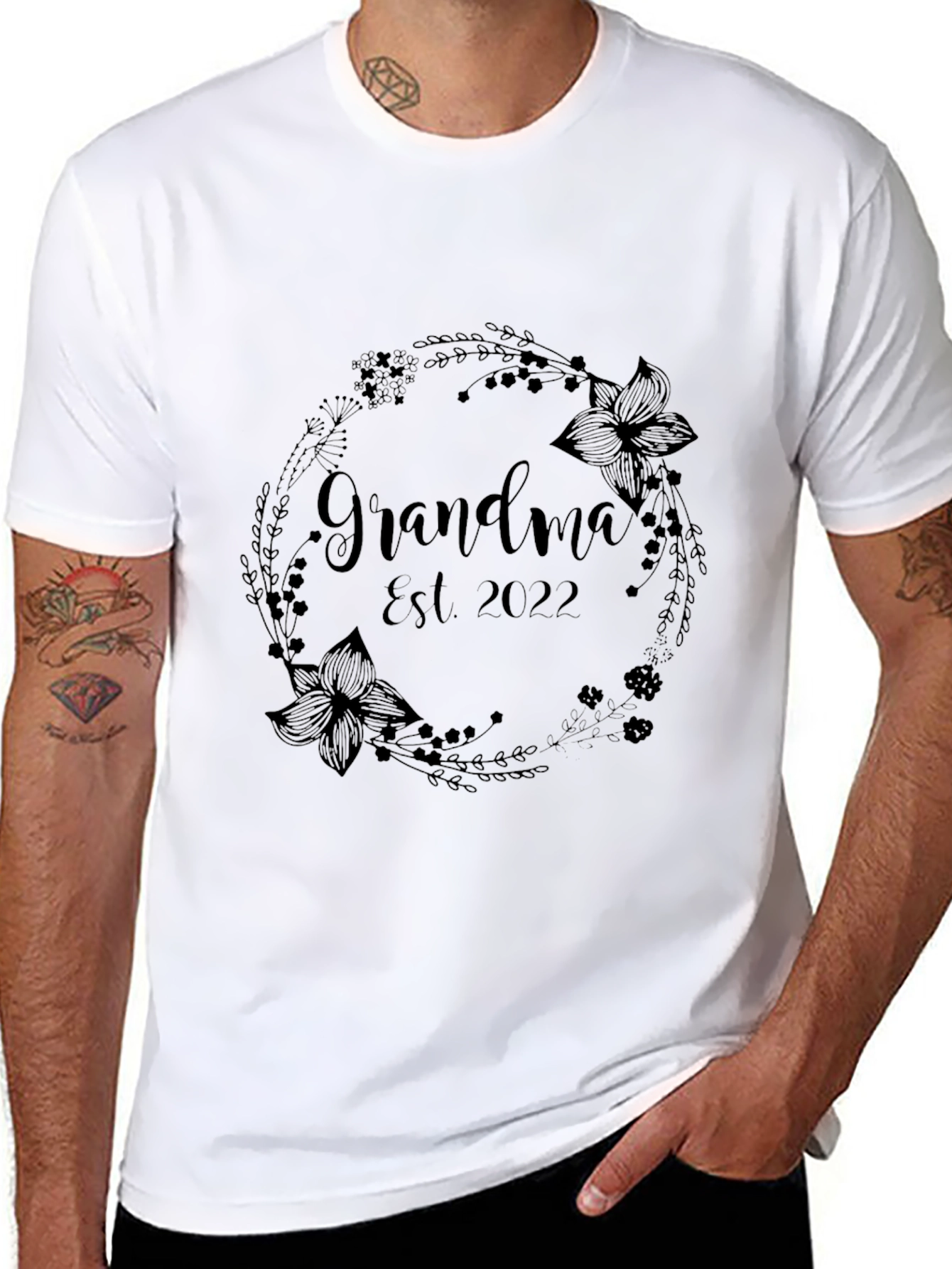 Grandma Est. 2022 Floral Wreath Graphic T-Shirt