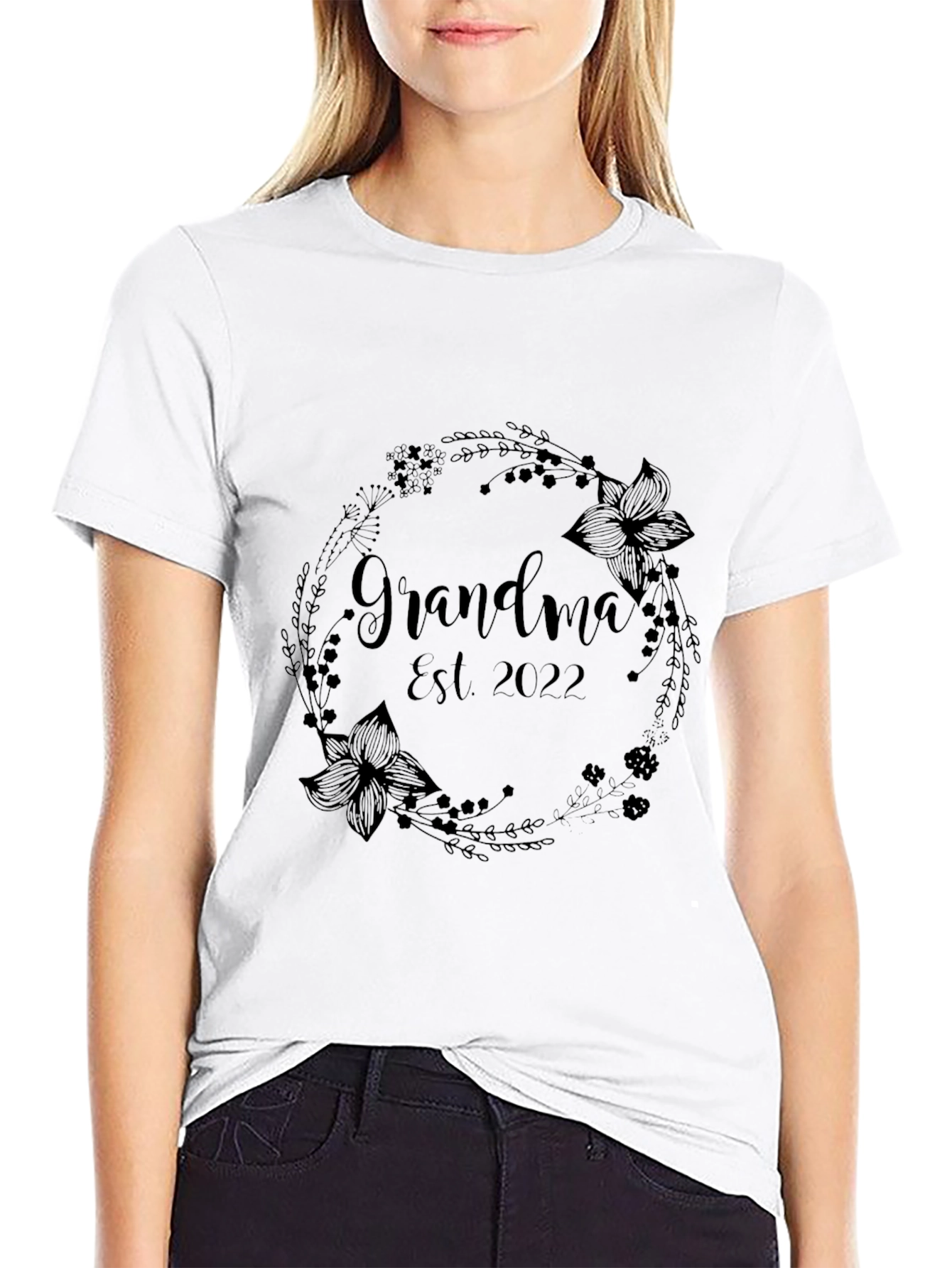 Grandma Est. 2022 Floral Wreath Graphic T-Shirt