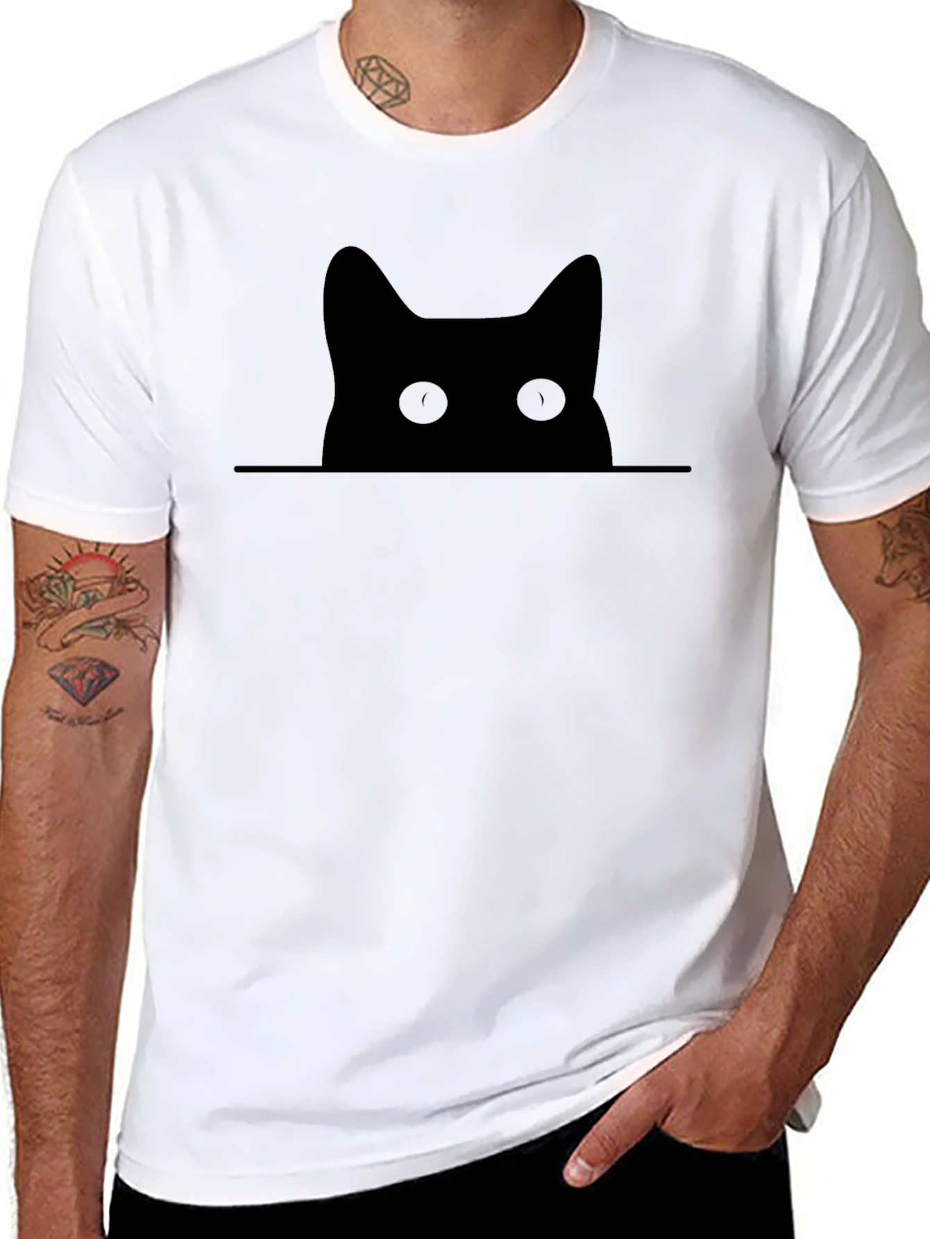 Peeking Cat Graphic Tee - Black Cotton Blend