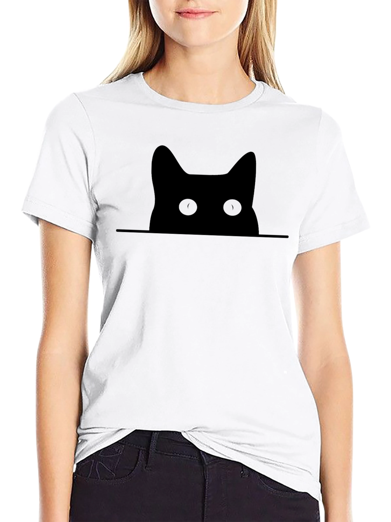 Peeking Cat Graphic Tee - Black Cotton Blend