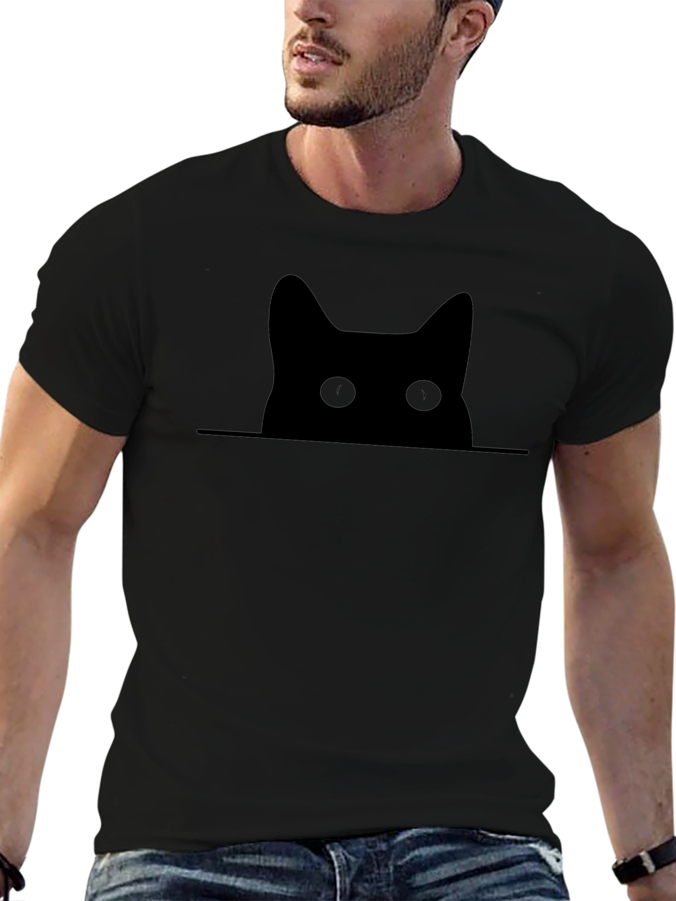 Peeking Cat Graphic Tee - Black Cotton Blend