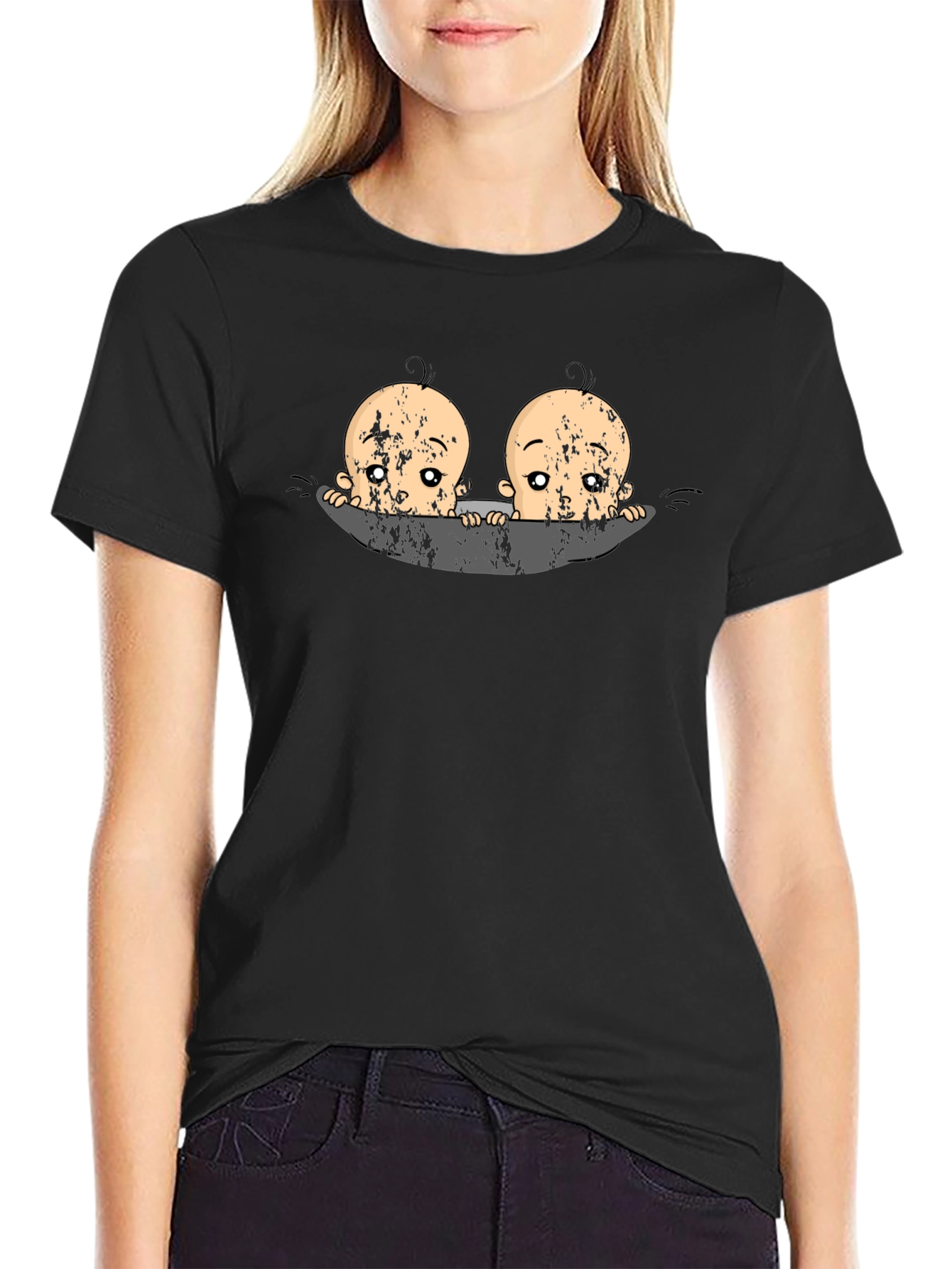 Twin Babies Graphic Print Black T-Shirt