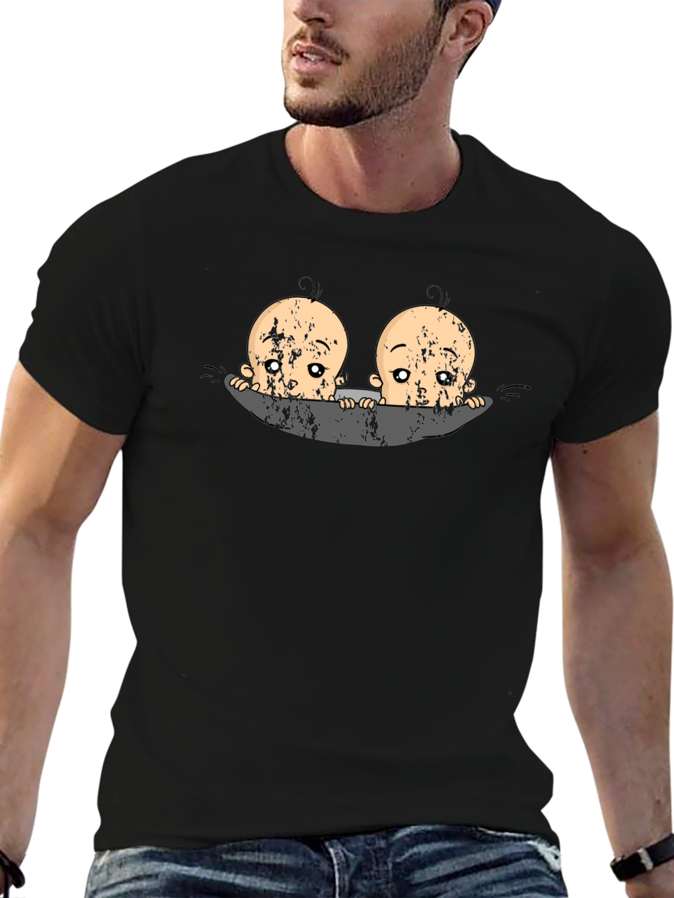 Twin Babies Graphic Print Black T-Shirt