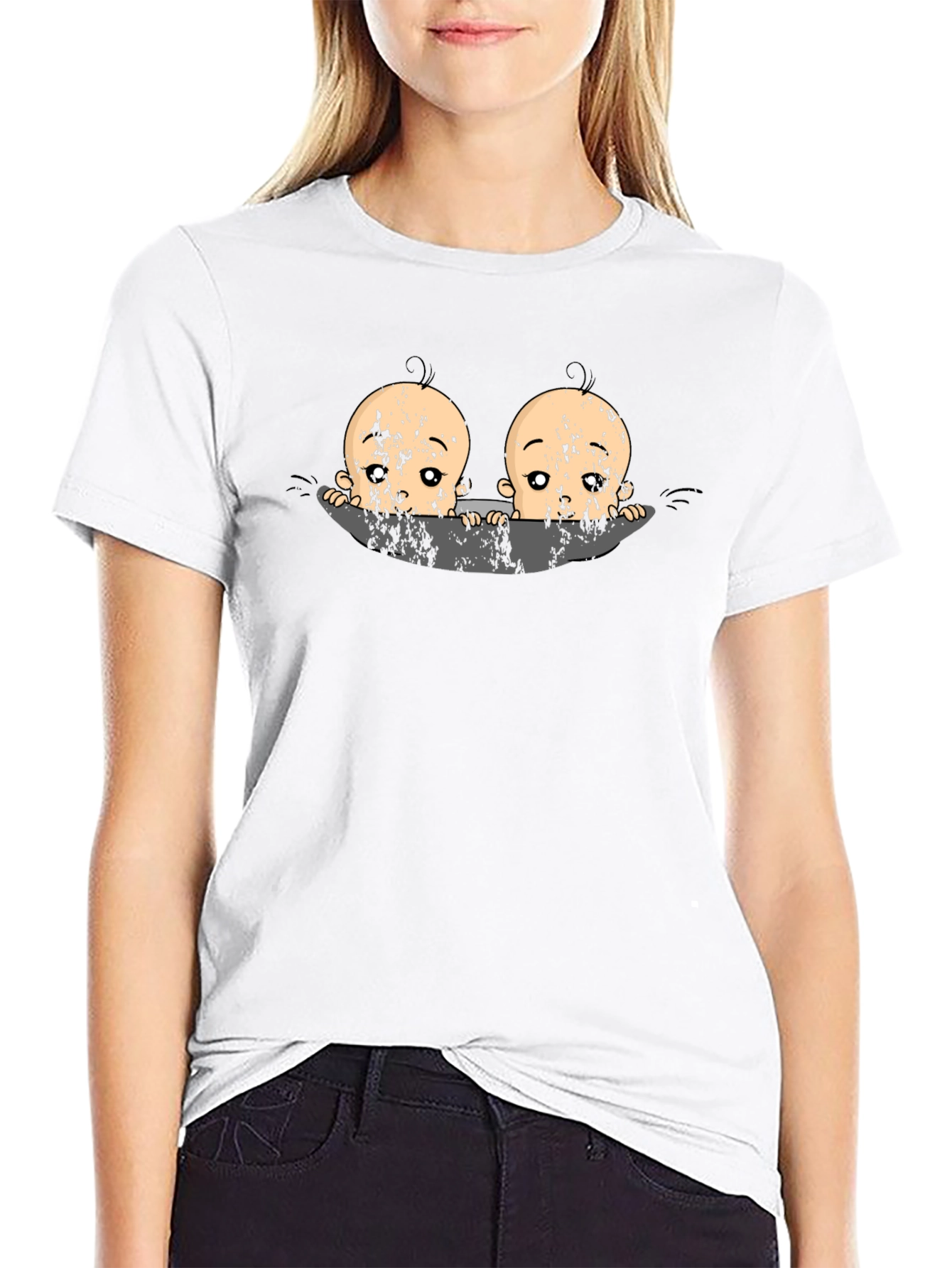 Twin Babies Graphic Print Black T-Shirt