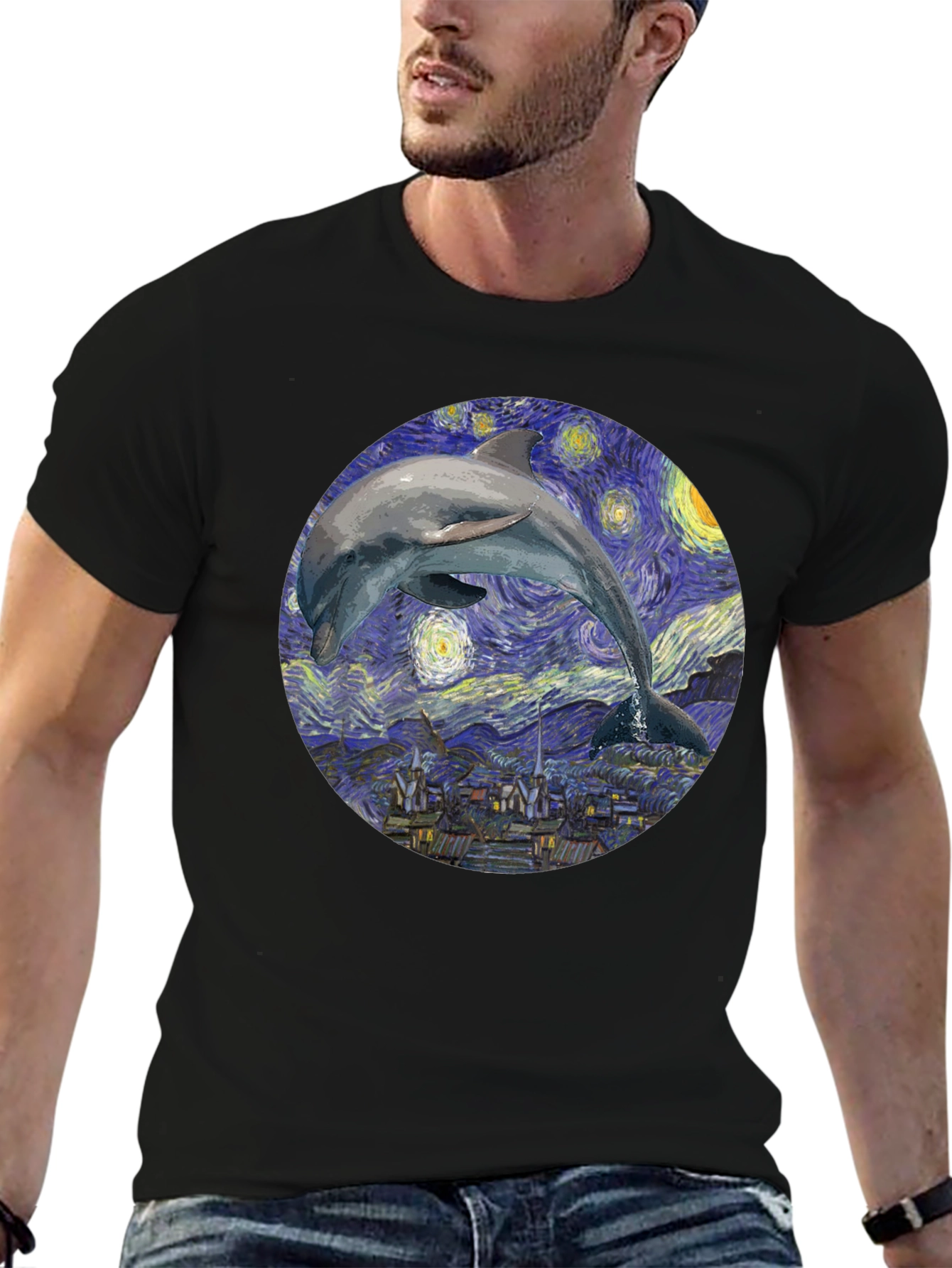 Dolphin Starry Night Black T-Shirt