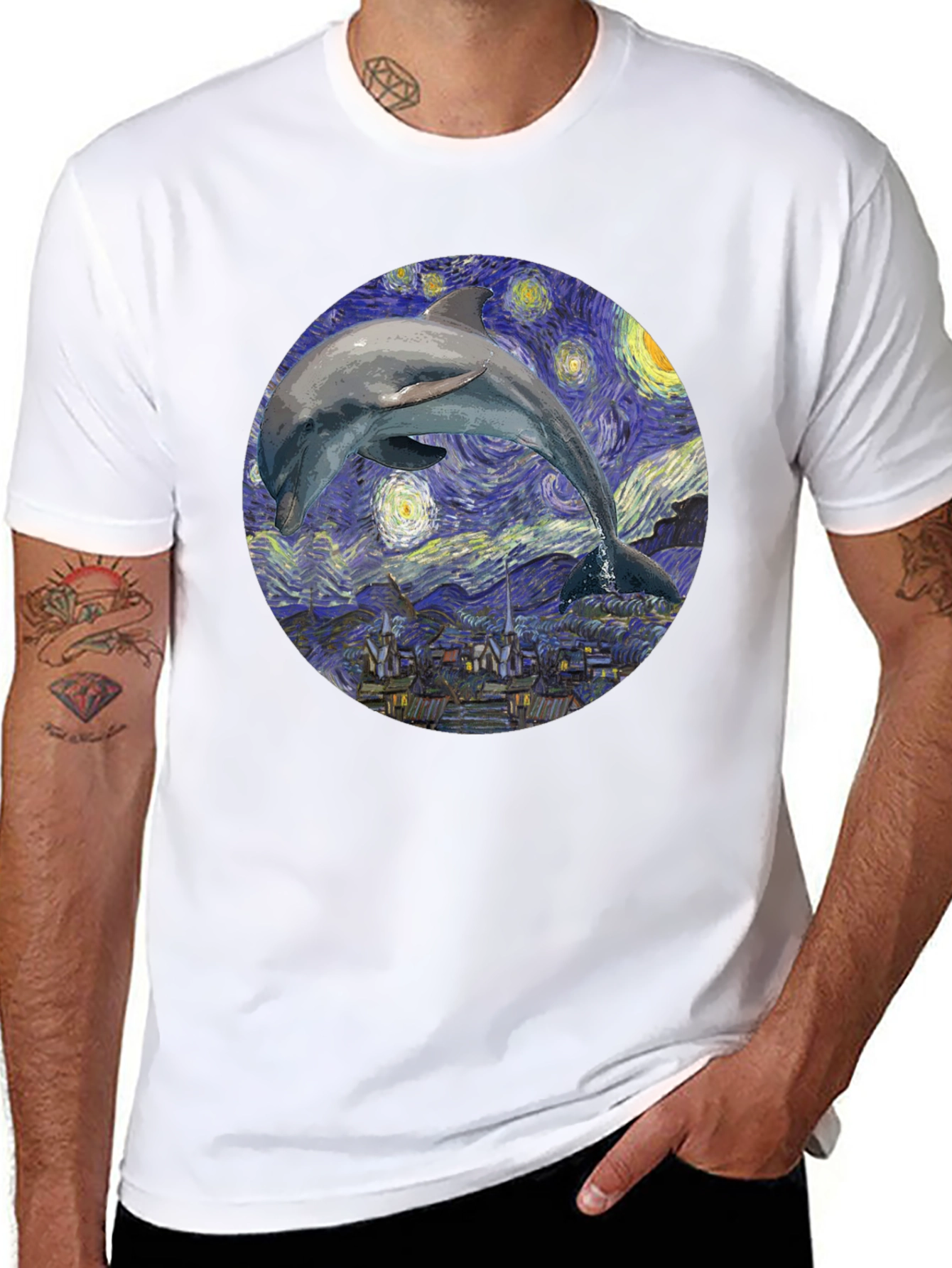 Dolphin Starry Night Black T-Shirt