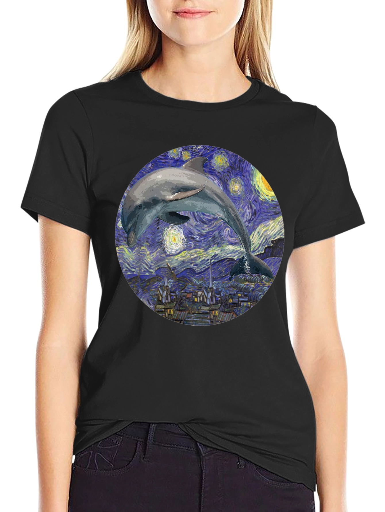 Dolphin Starry Night Black T-Shirt
