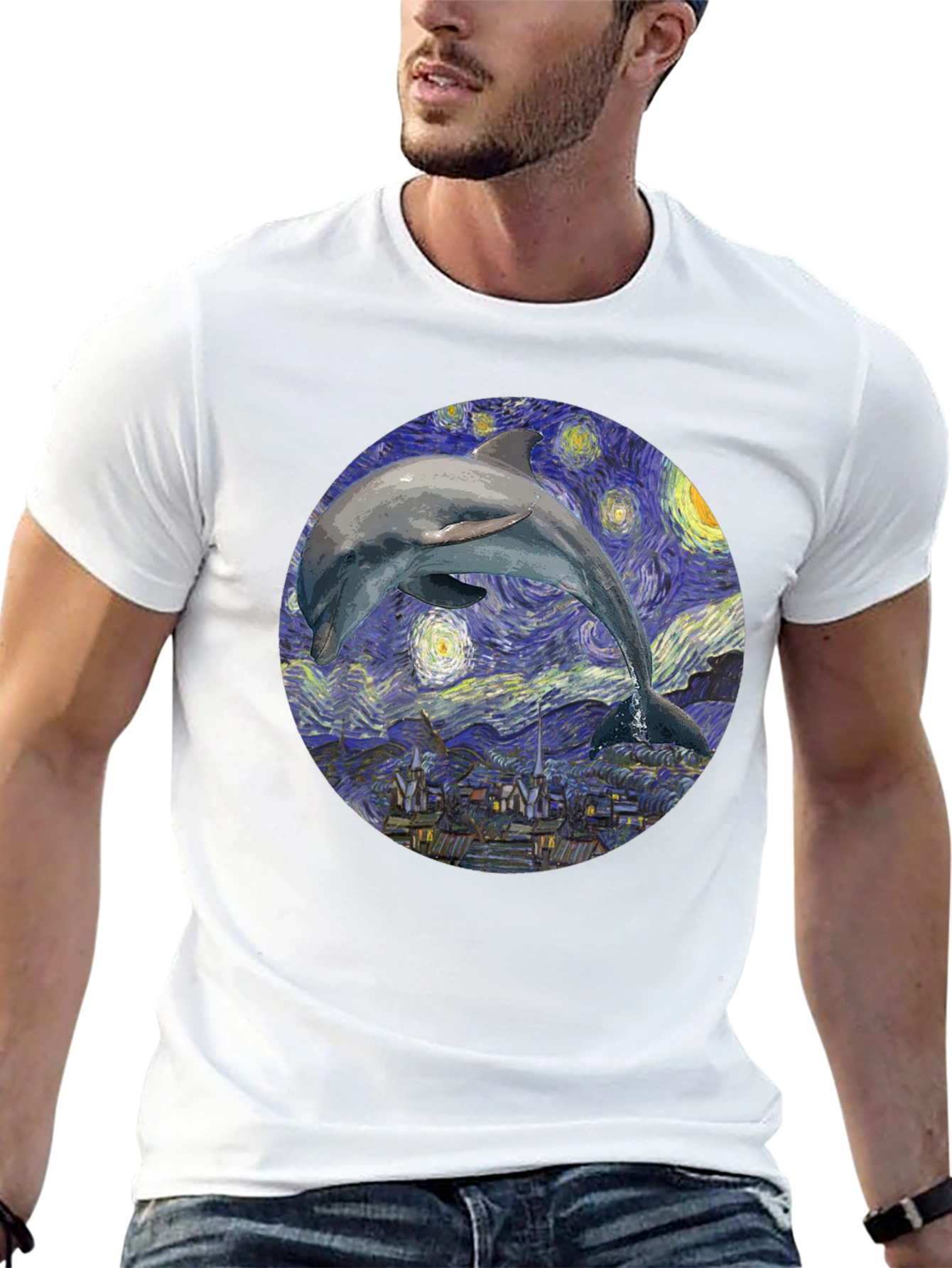 Dolphin Starry Night Black T-Shirt