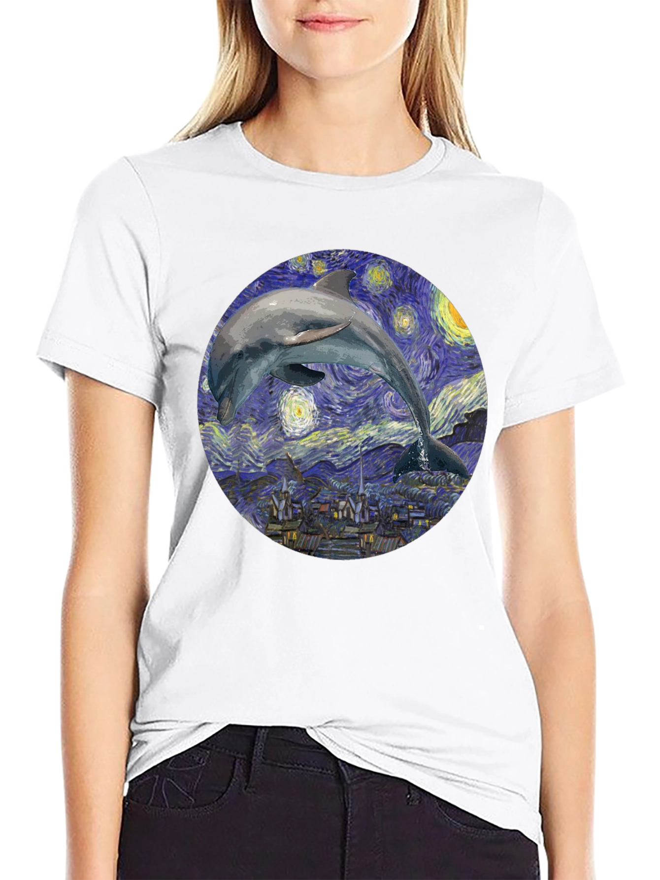 Dolphin Starry Night Black T-Shirt