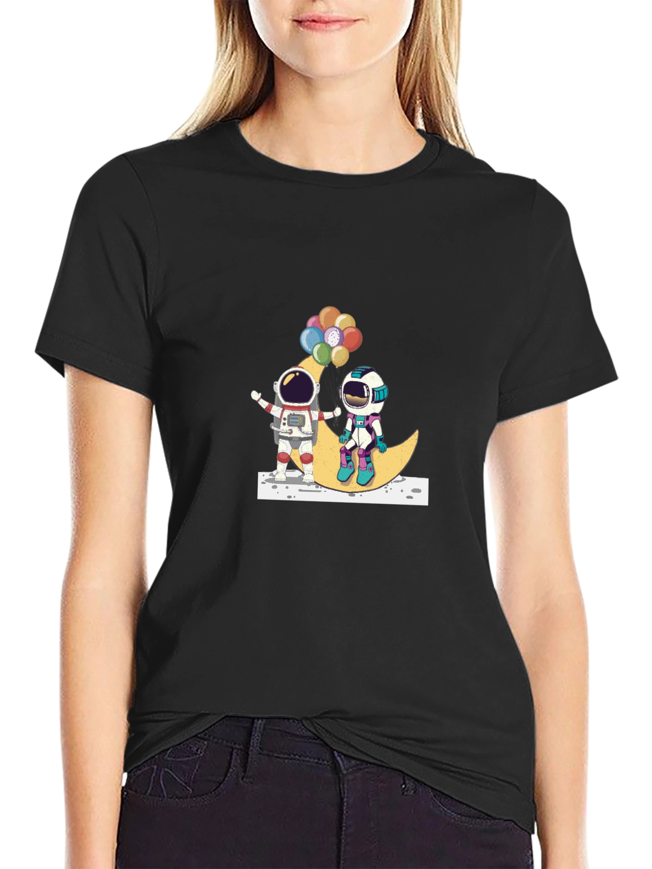 Astronauts on Moon Graphic Tee - Unisex Black T-Shirt