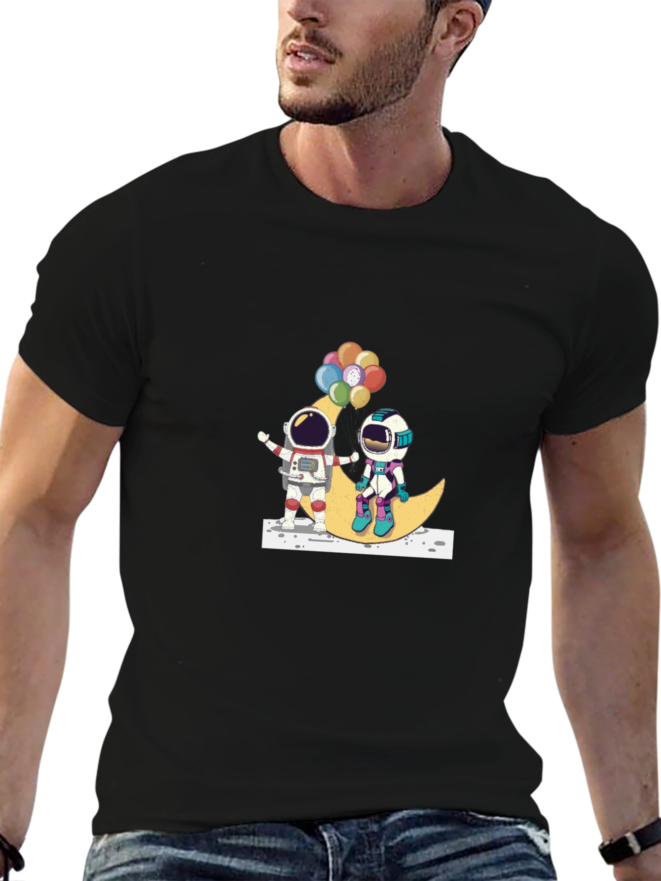 Astronauts on Moon Graphic Tee - Unisex Black T-Shirt