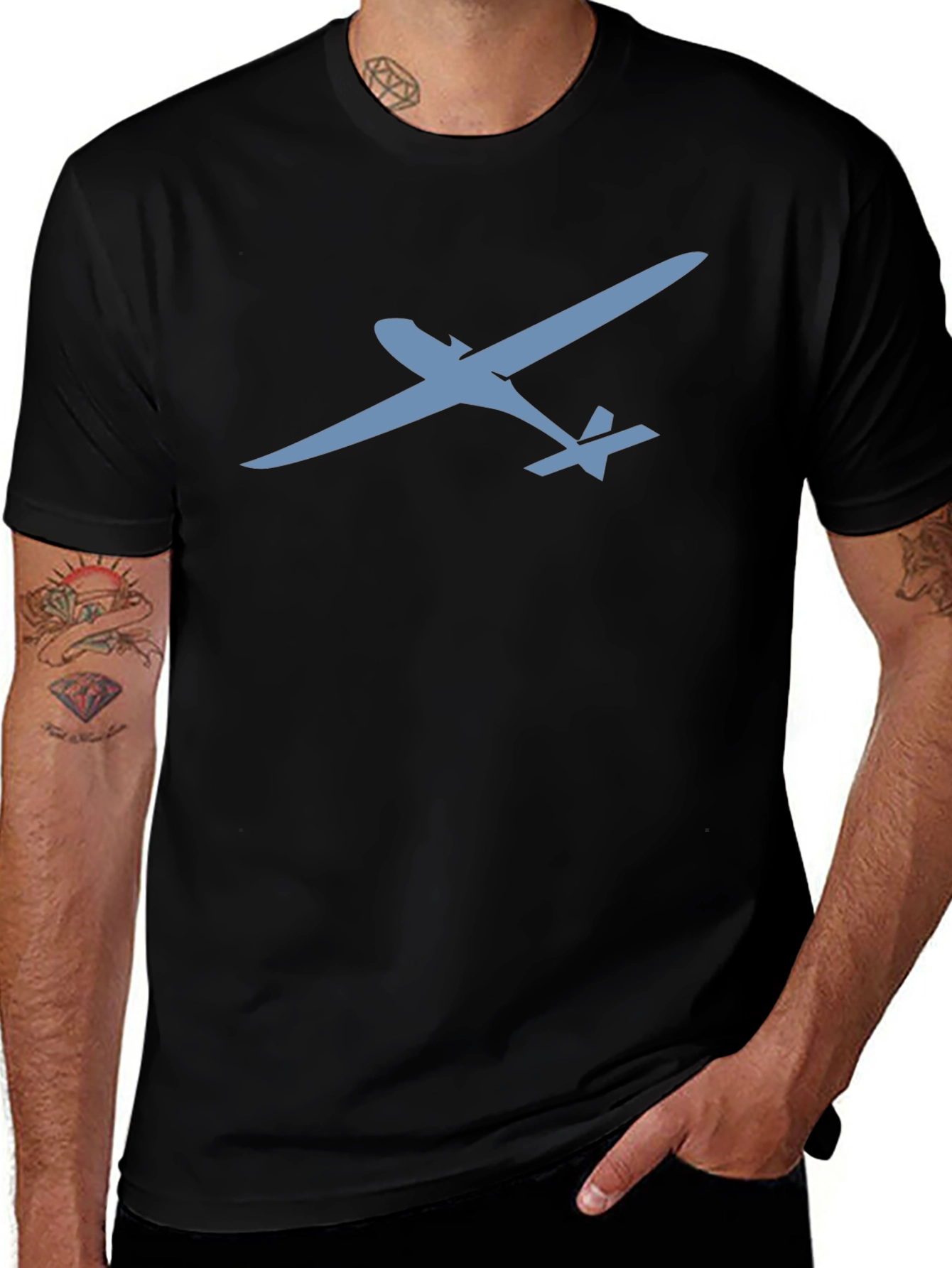 Black T-Shirt with Glider Airplane Design