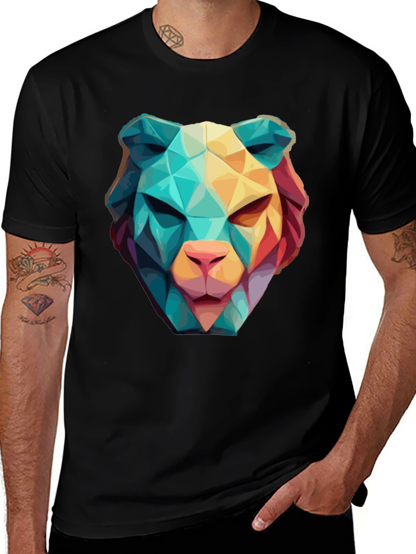 Geometric Lion Graphic Black T-Shirt