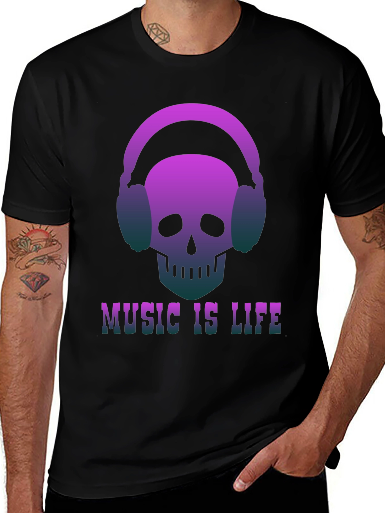 Music is Life Skull Headphone Graphic Tee