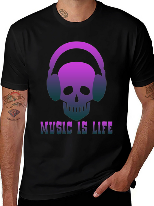 Music is Life Skull Headphone Graphic Tee