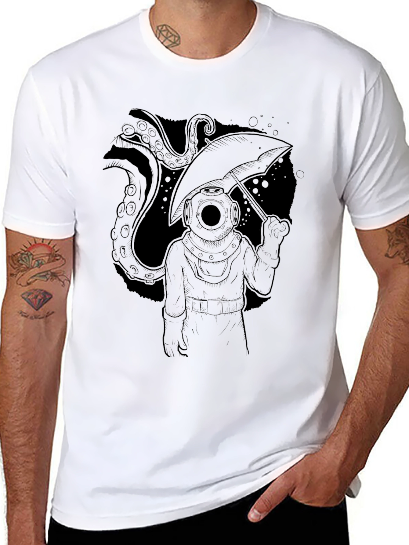 Diver & Octopus Black T-Shirt