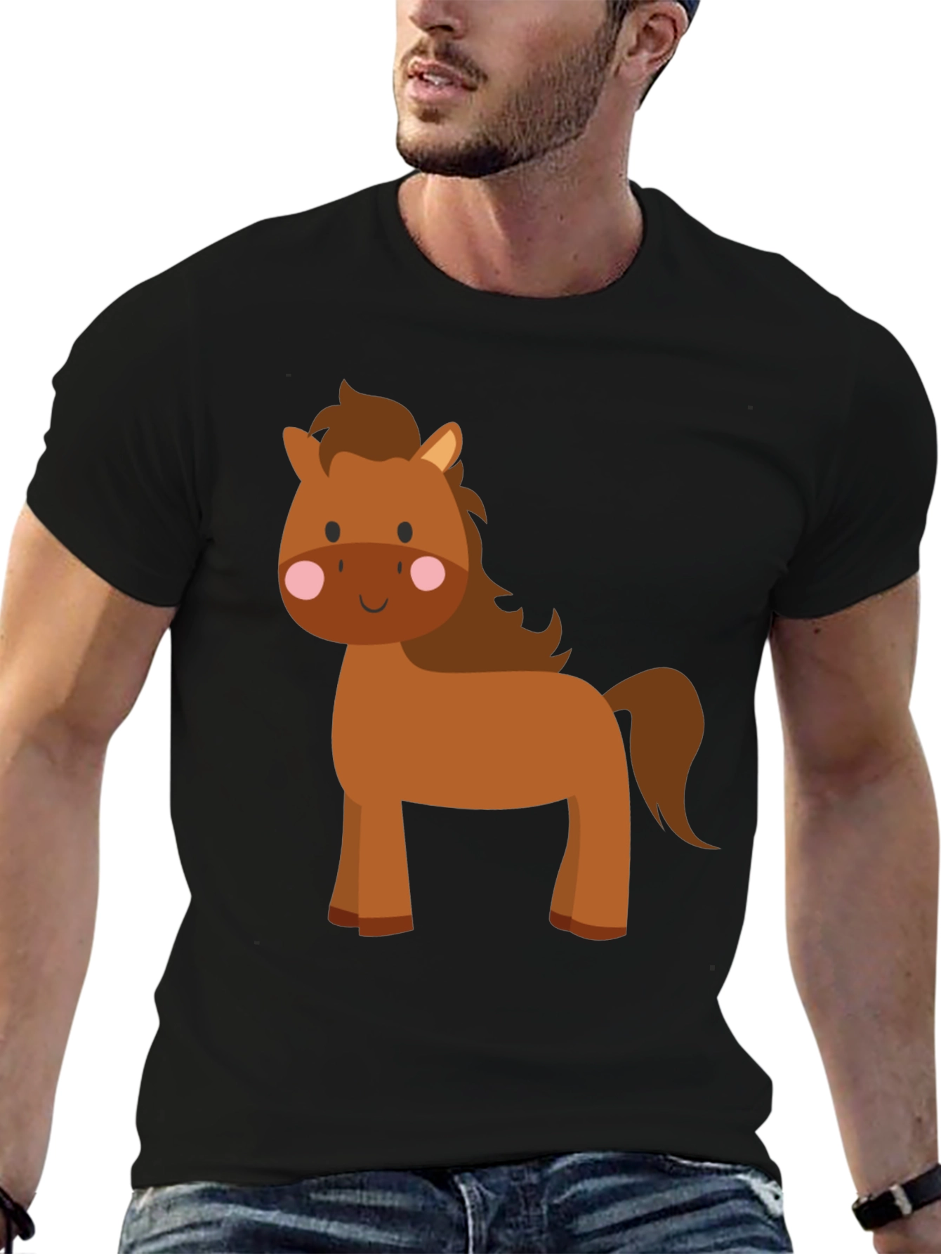 Cute Cartoon Horse Graphic Tee - Black