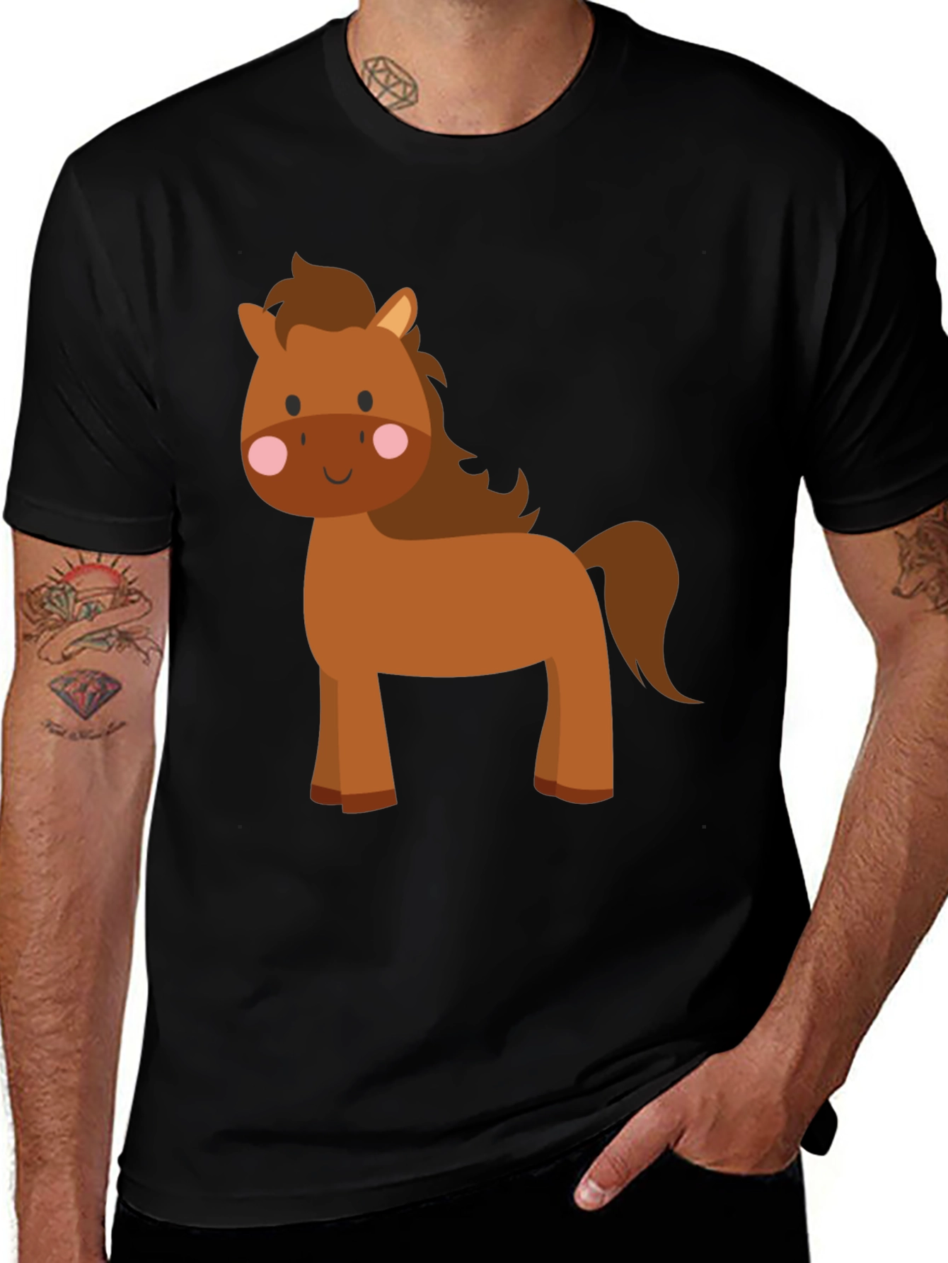 Cute Cartoon Horse Graphic Tee - Black