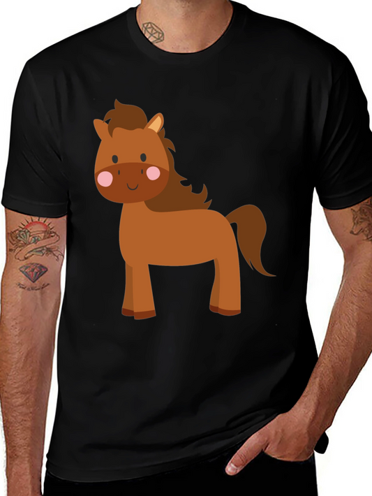 Cute Cartoon Horse Graphic Tee - Black