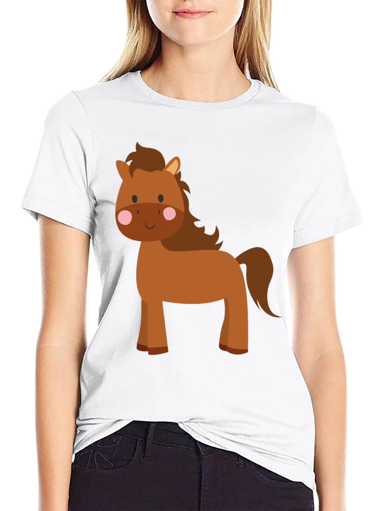 Cute Cartoon Horse Graphic Tee - Black