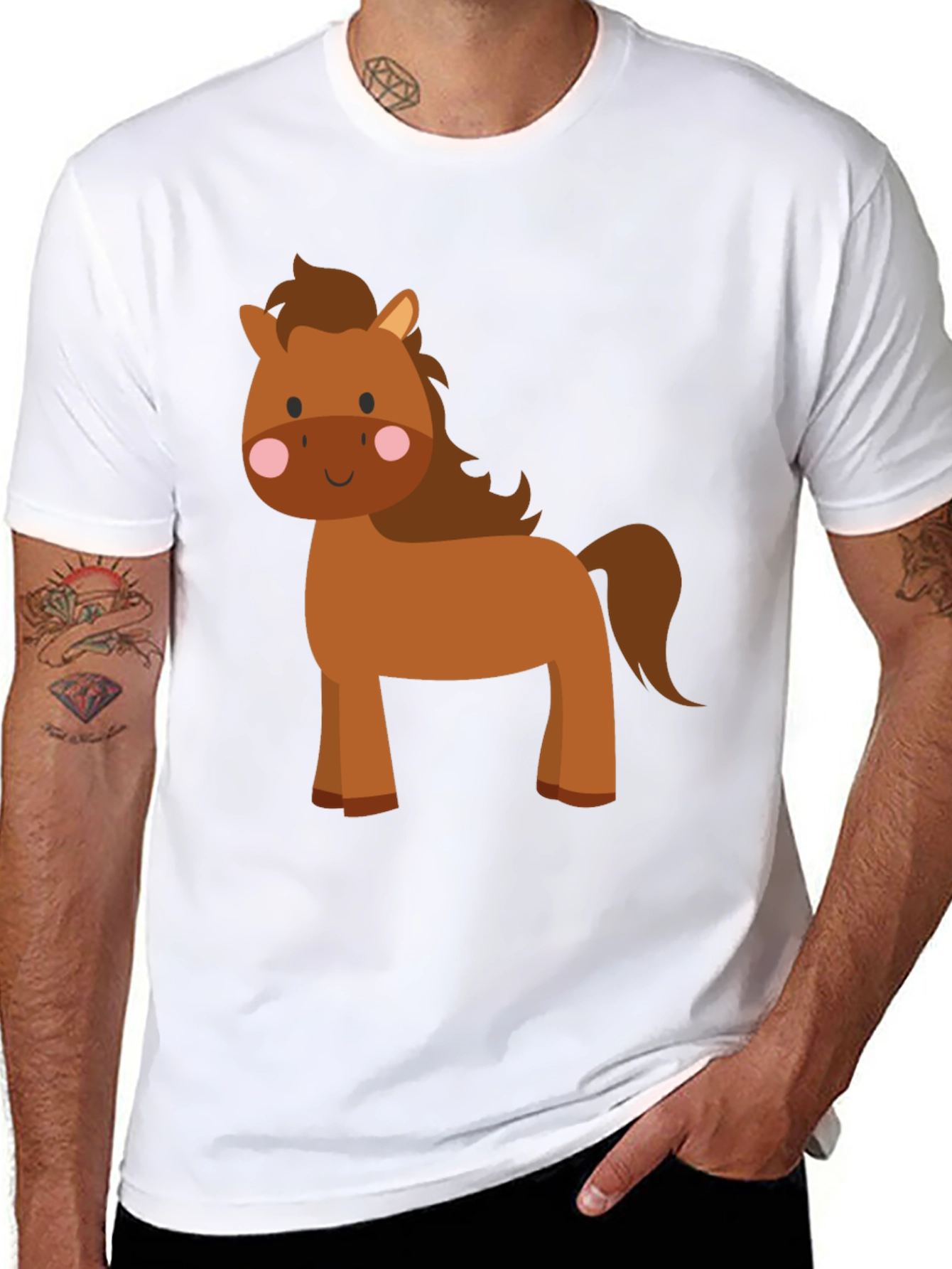 Cute Cartoon Horse Graphic Tee - Black