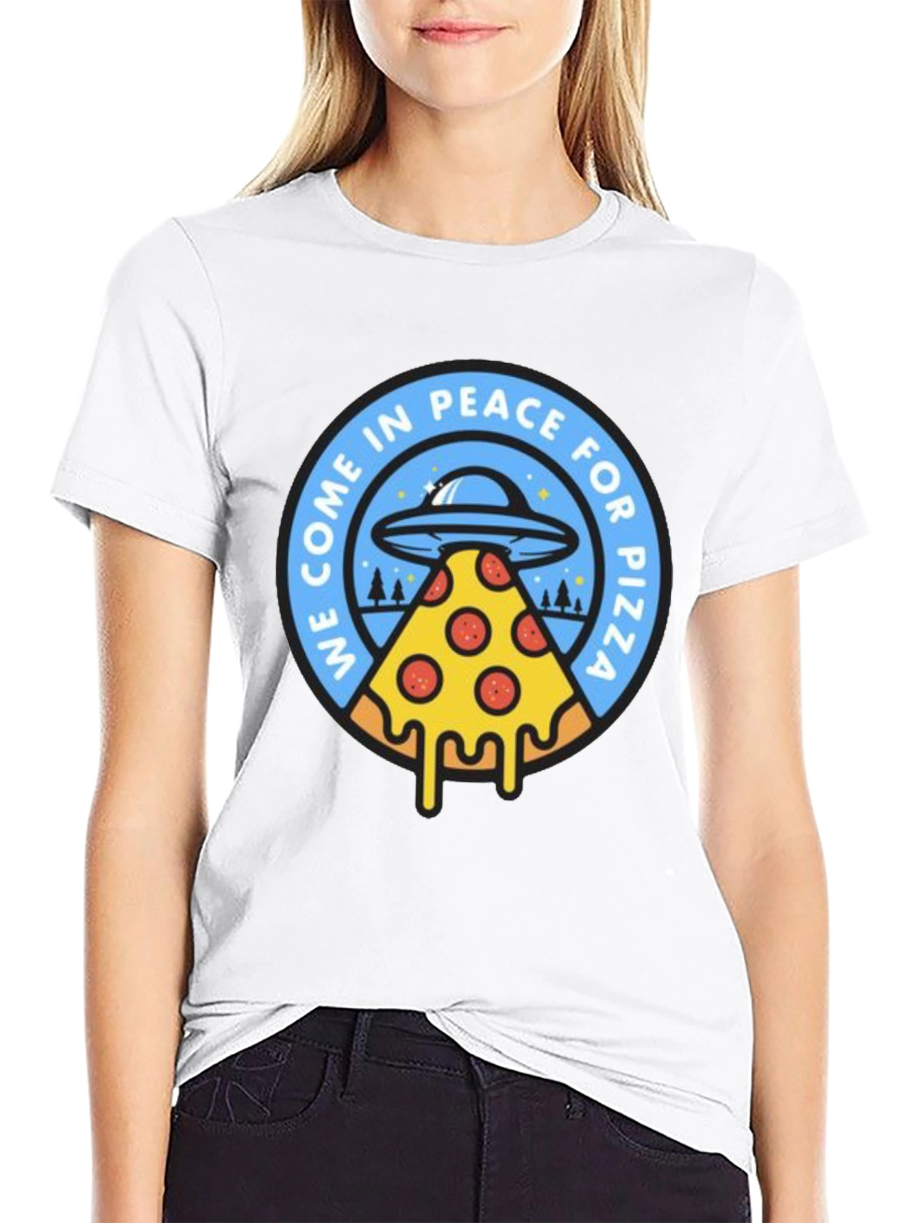 Peace For Pizza T-Shirt Funny Alien UFO Tee