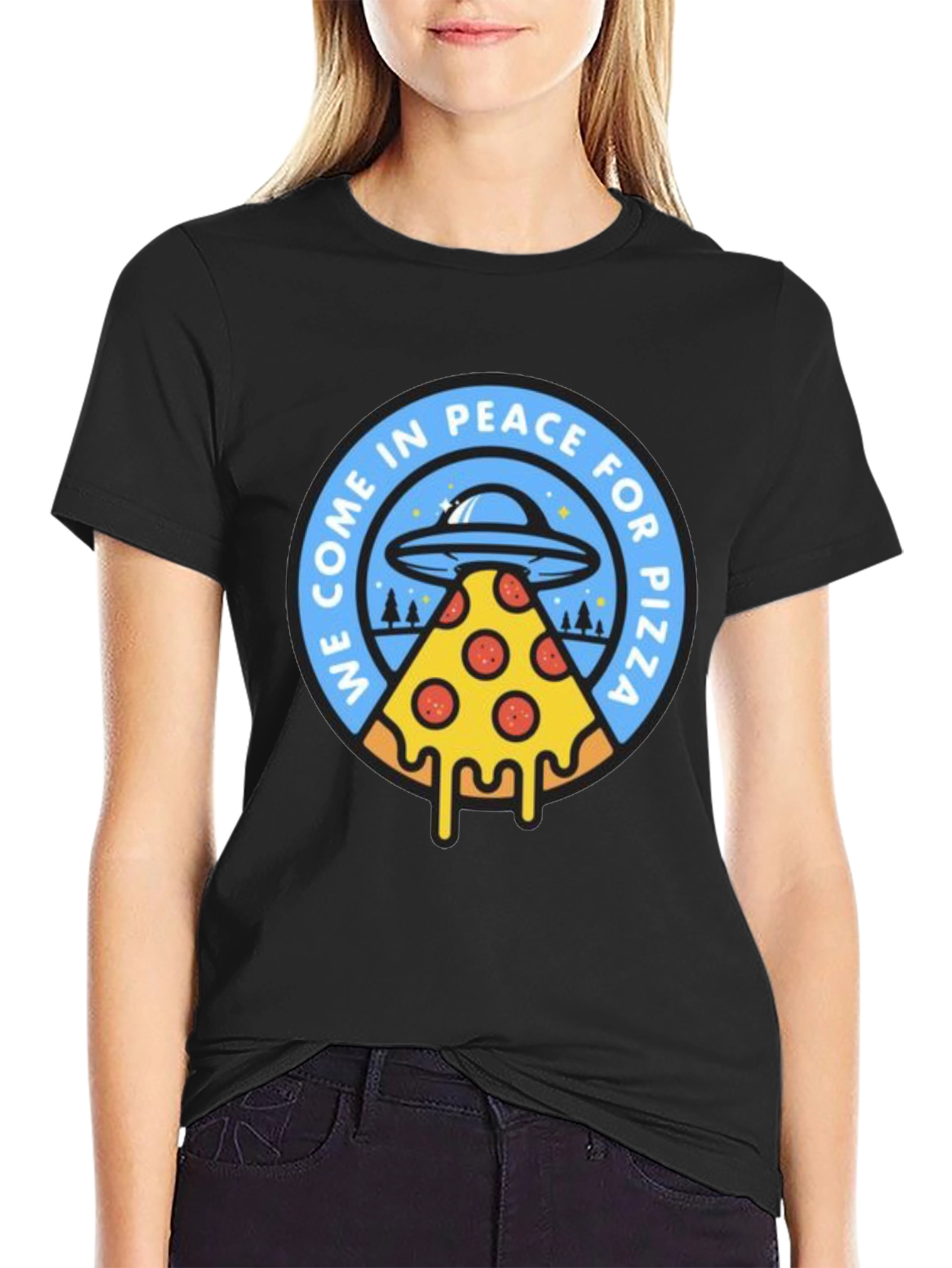 Peace For Pizza T-Shirt Funny Alien UFO Tee